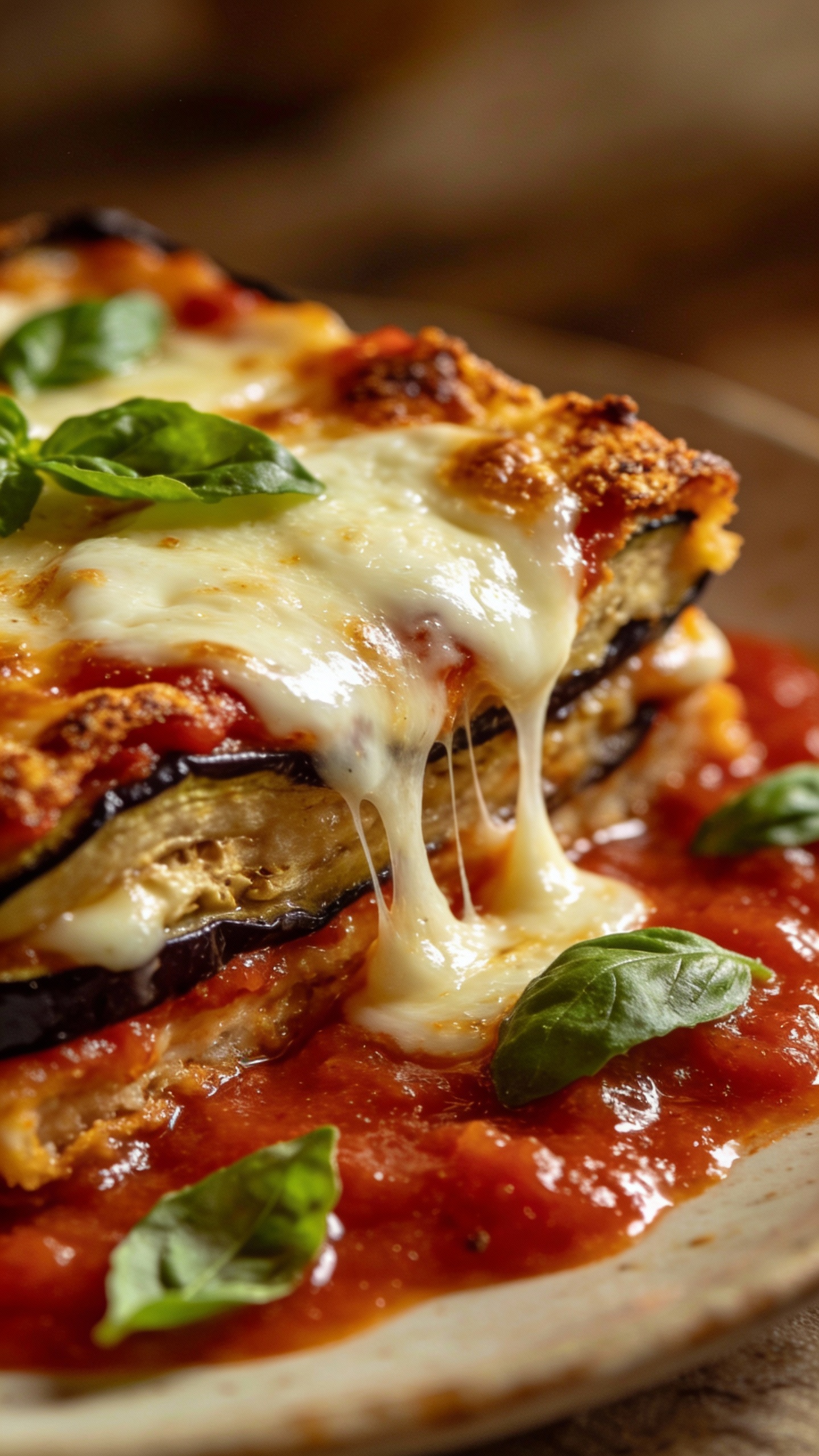 baked eggplant parmesan slice with melty mozzarella pull
