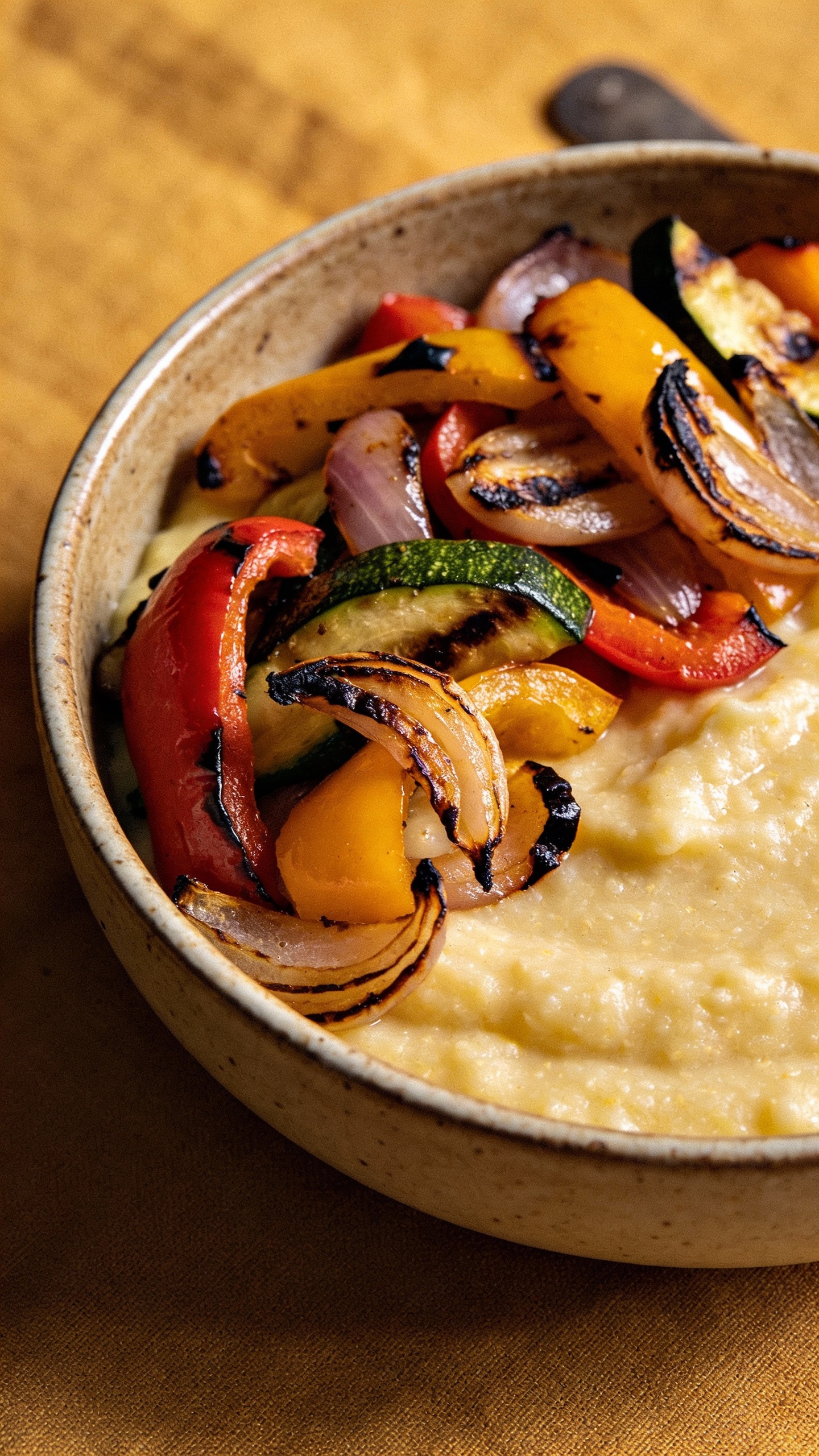 creamy polenta bowl topped with charred vegetables