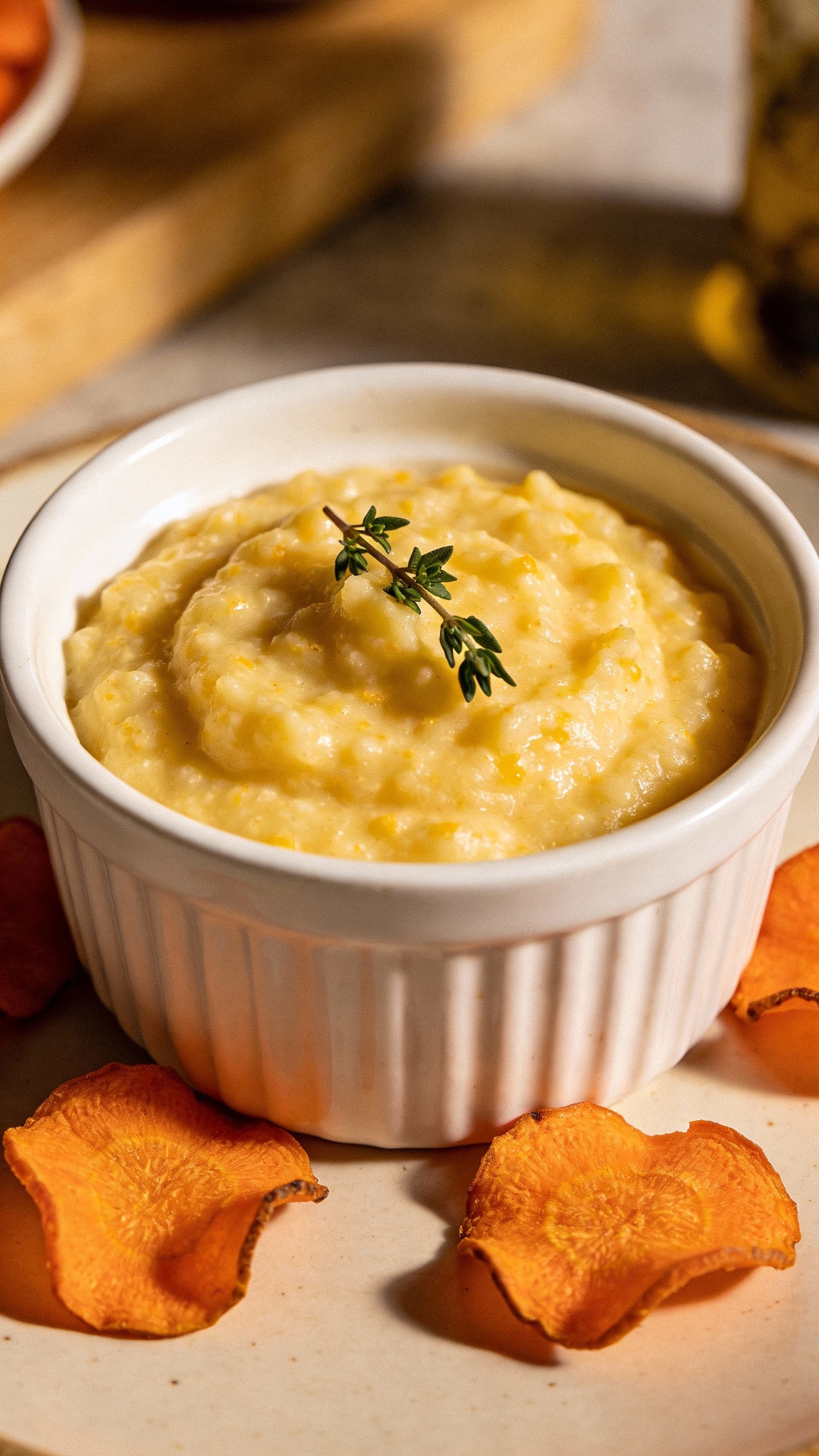 cheesy polenta with herb garnish and crispy carrots