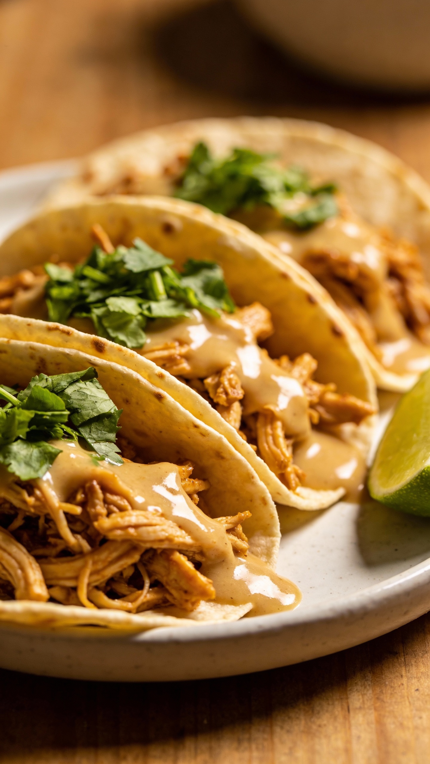 slow cooker shredded chicken tacos with glossy light gravy