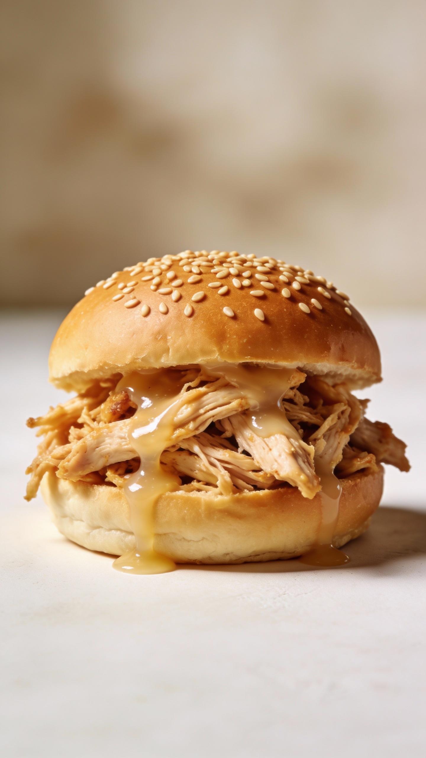 pulled chicken sandwich, light gravy drizzle, sesame bun