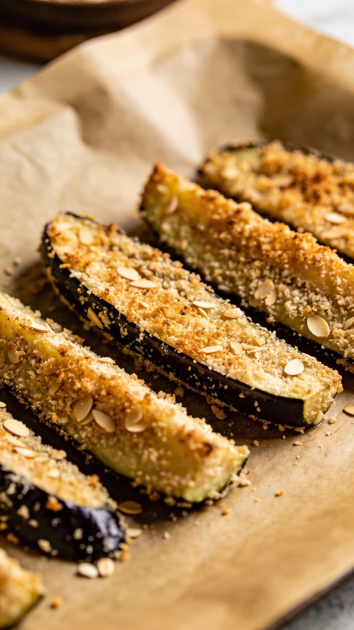 almond flour crusted eggplant rounds on parchment sheet