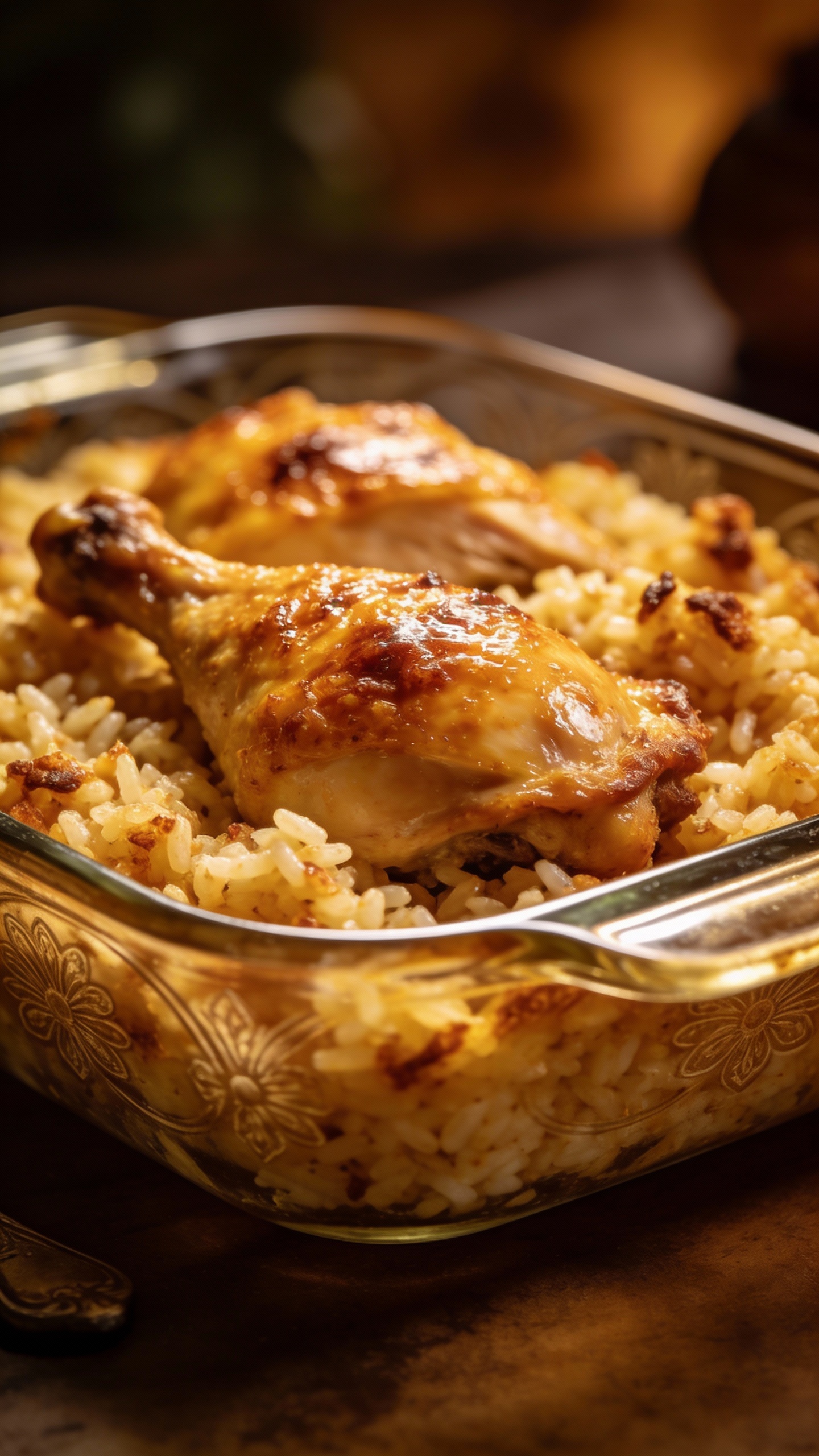 golden baked chicken and rice casserole in vintage Pyrex dish