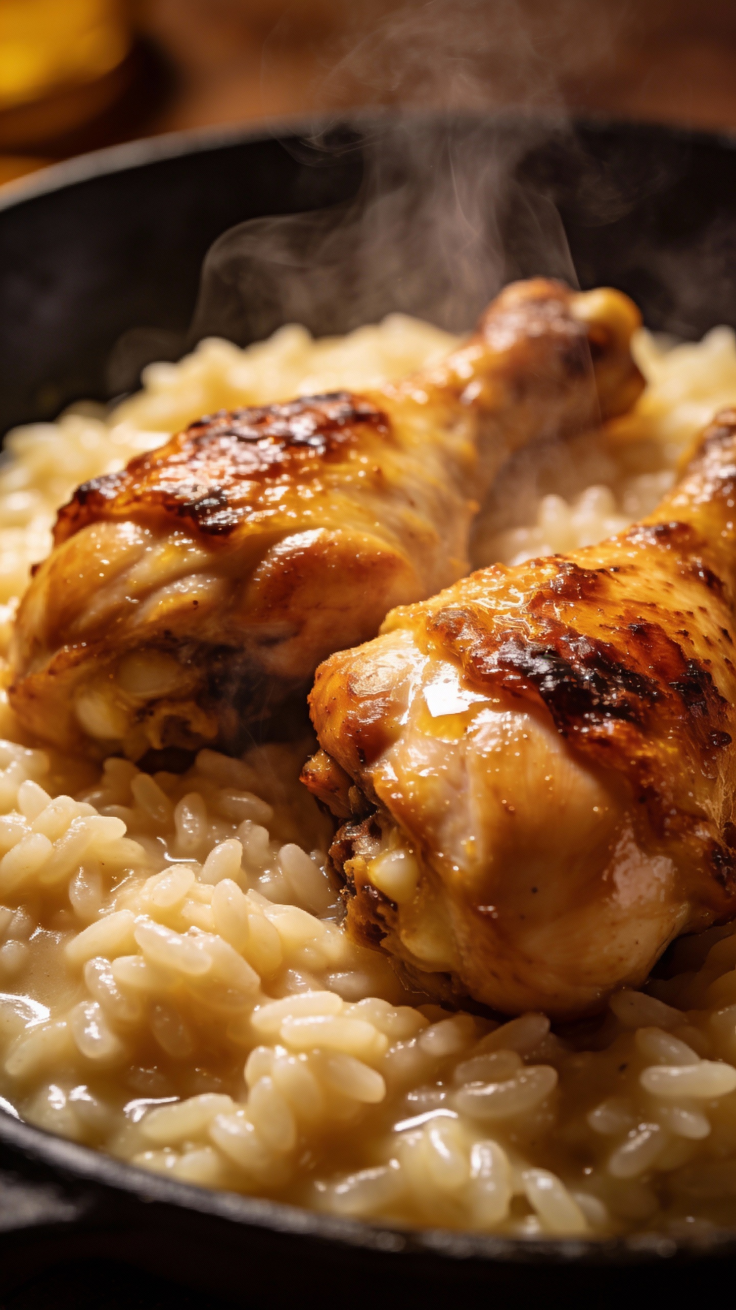 close-up juicy chicken thighs over creamy rice, steam rising