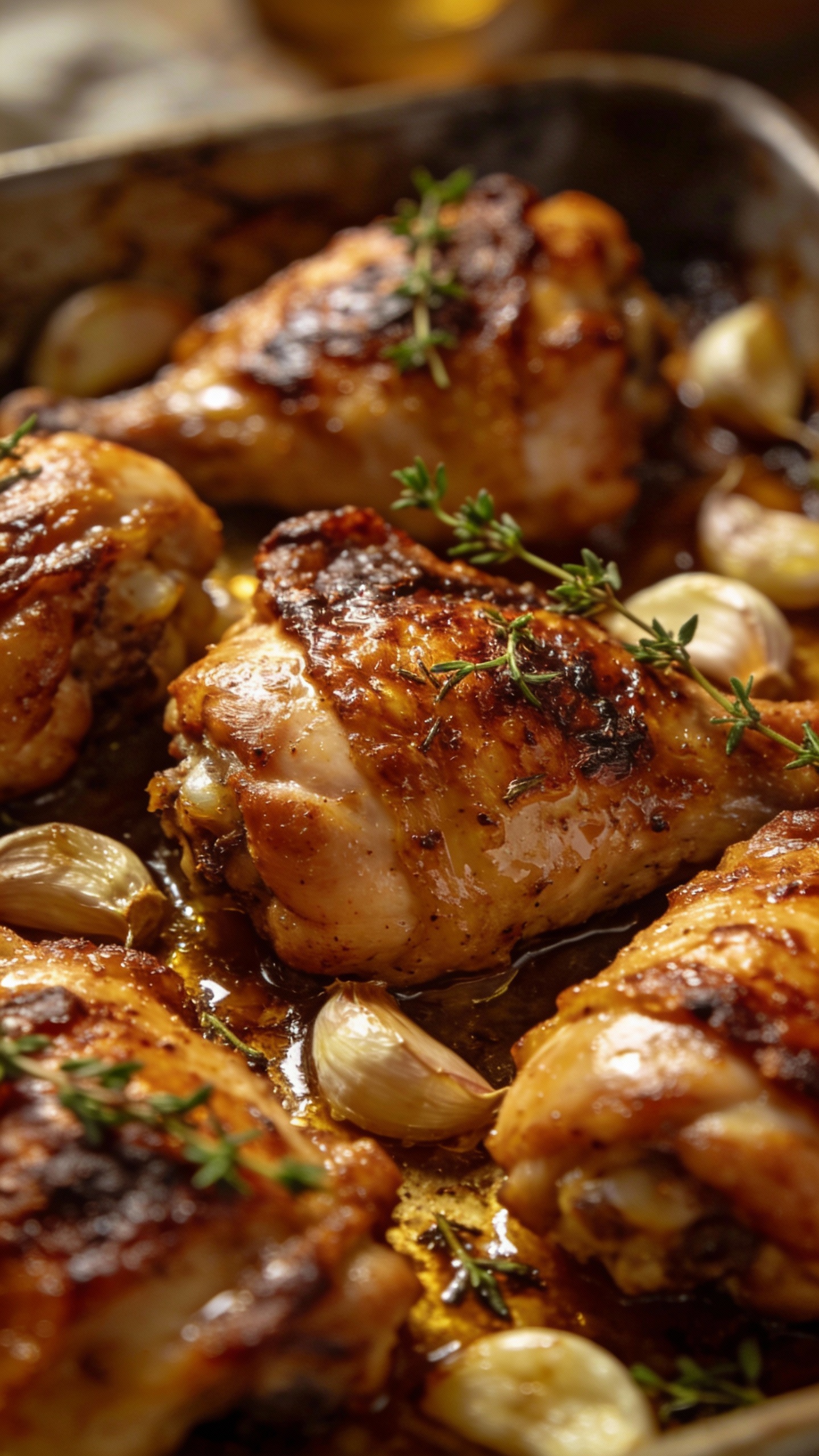 close-up roasted chicken thighs with garlic and thyme
