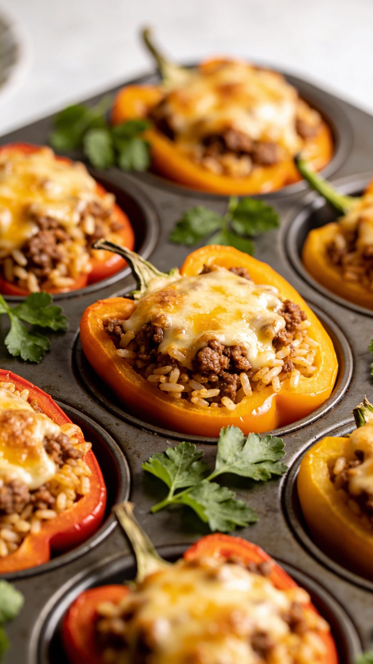 Meal-prep tray of stuffed peppers, garnish of parsley