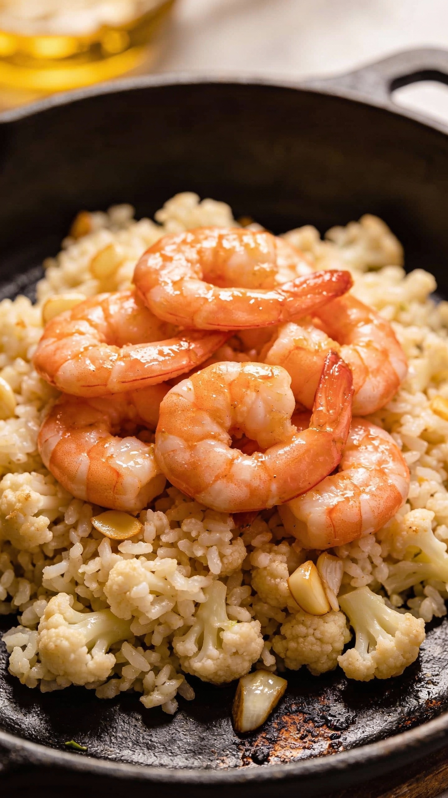 Sautéed shrimp over garlic cauliflower rice, cast-iron skillet