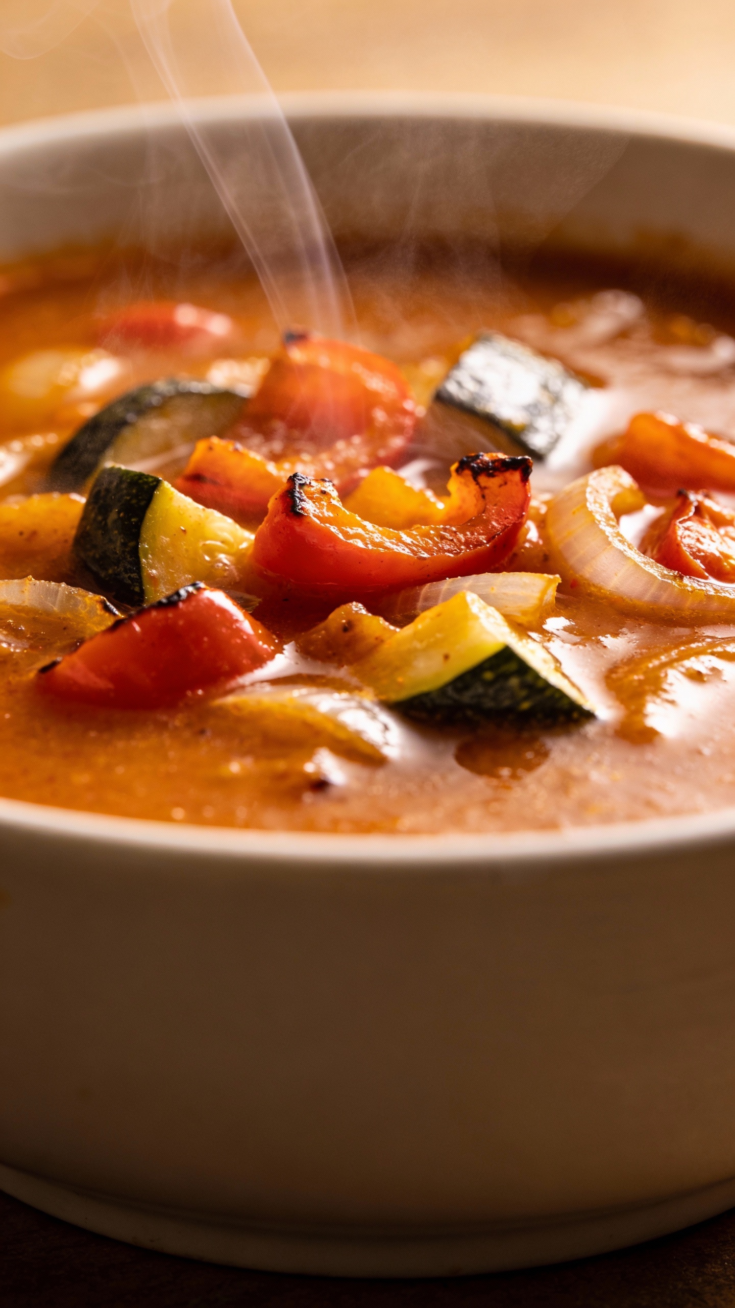 Fire-roasted vegetable soup in white bowl, smoky steam