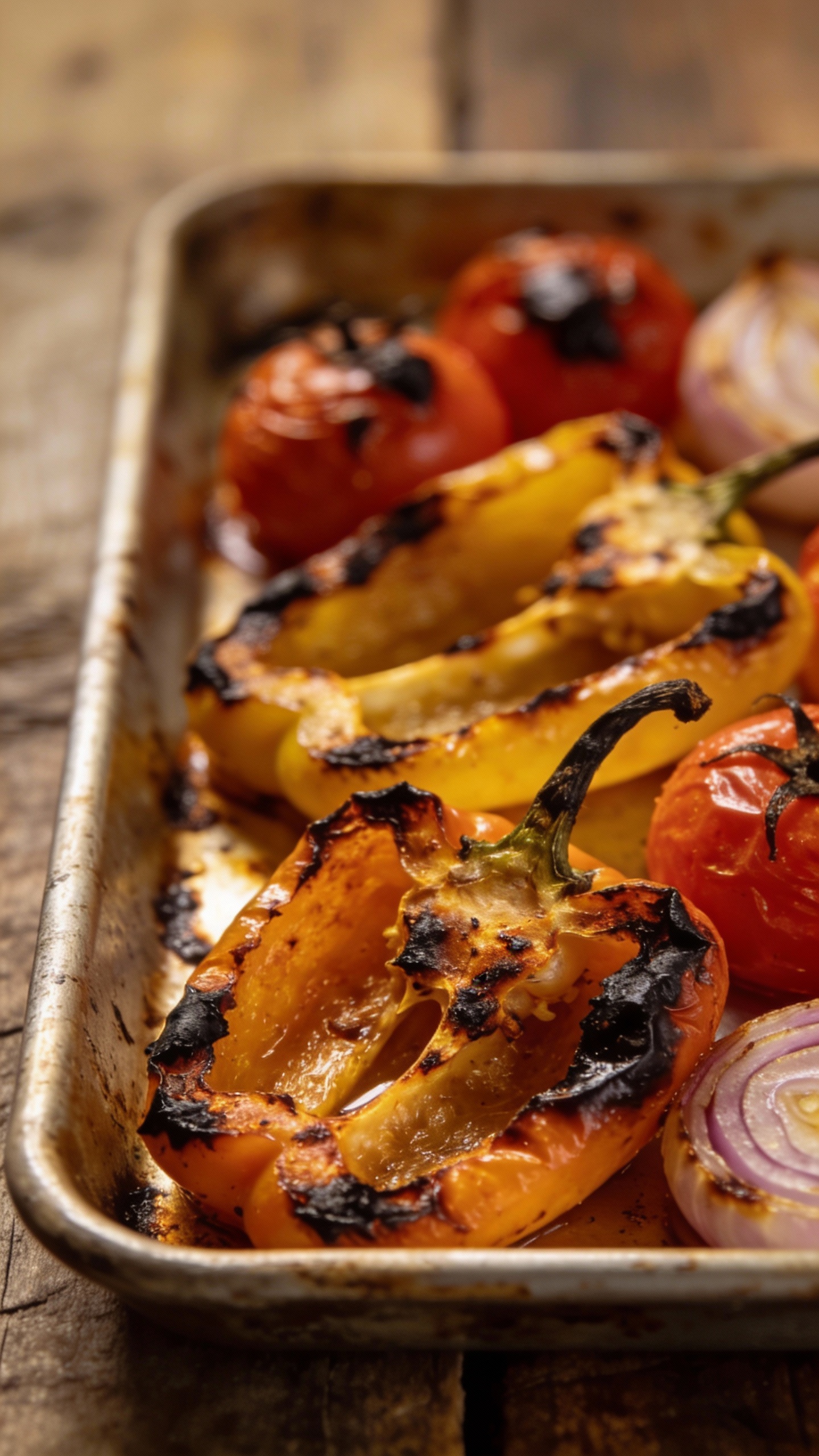 Sheet pan roasted peppers, tomatoes, onions, charred edges
