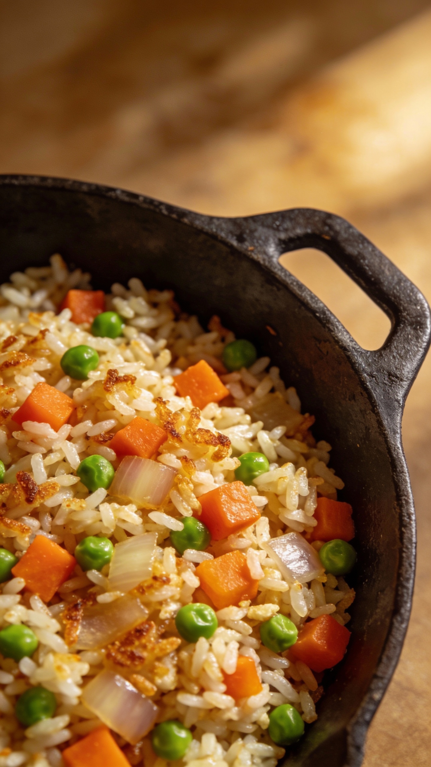 vegetable rice pilaf in cast-iron skillet, overhead