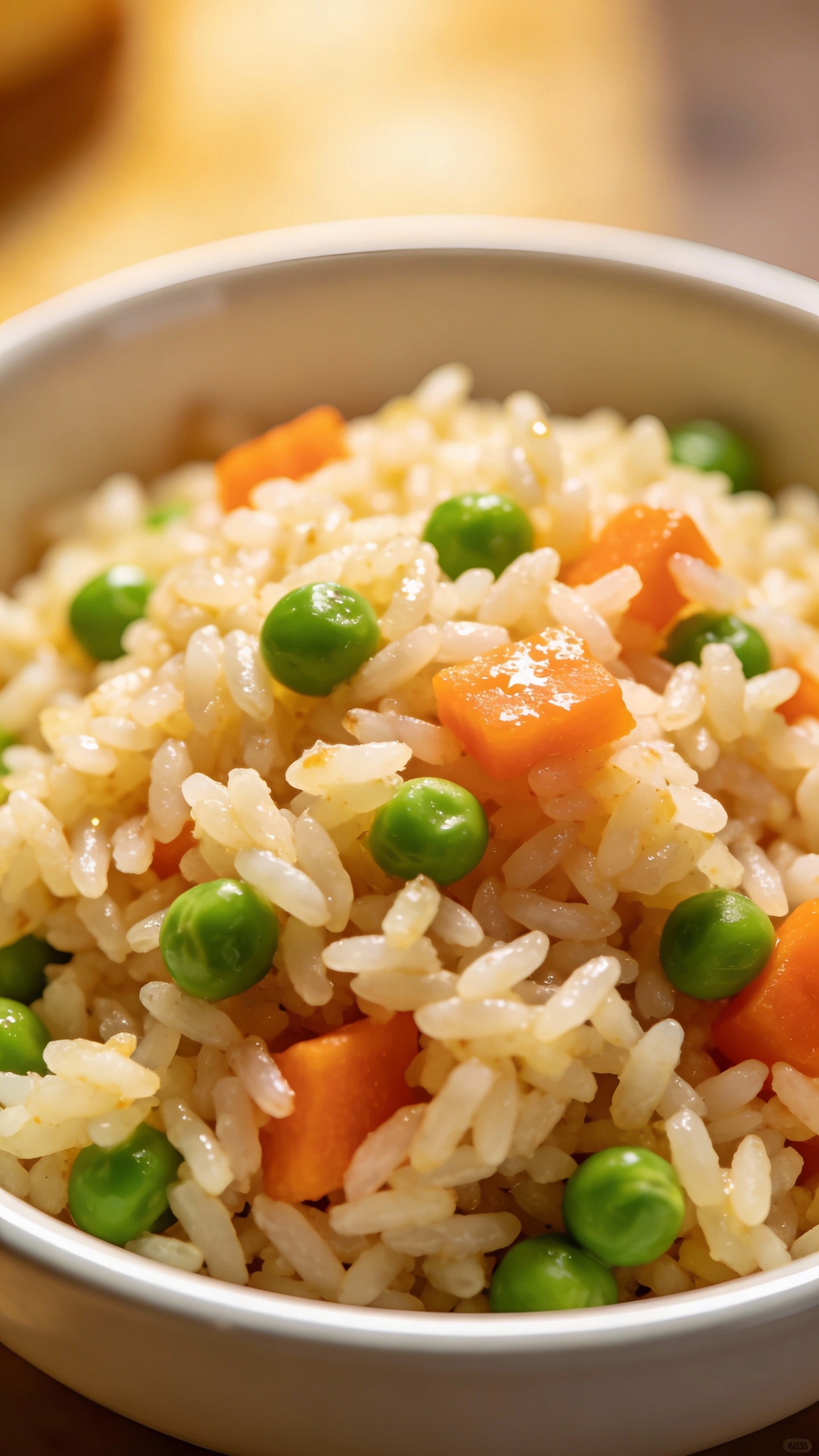 fluffy rice pilaf with peas and carrots, white bowl