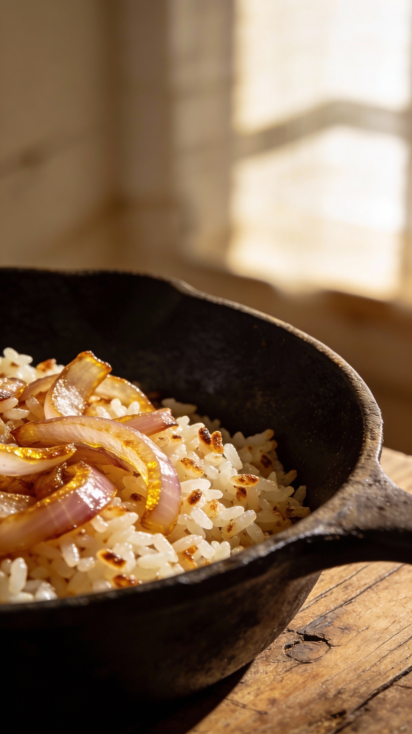 toasted rice and sautéed onions in pan, natural light