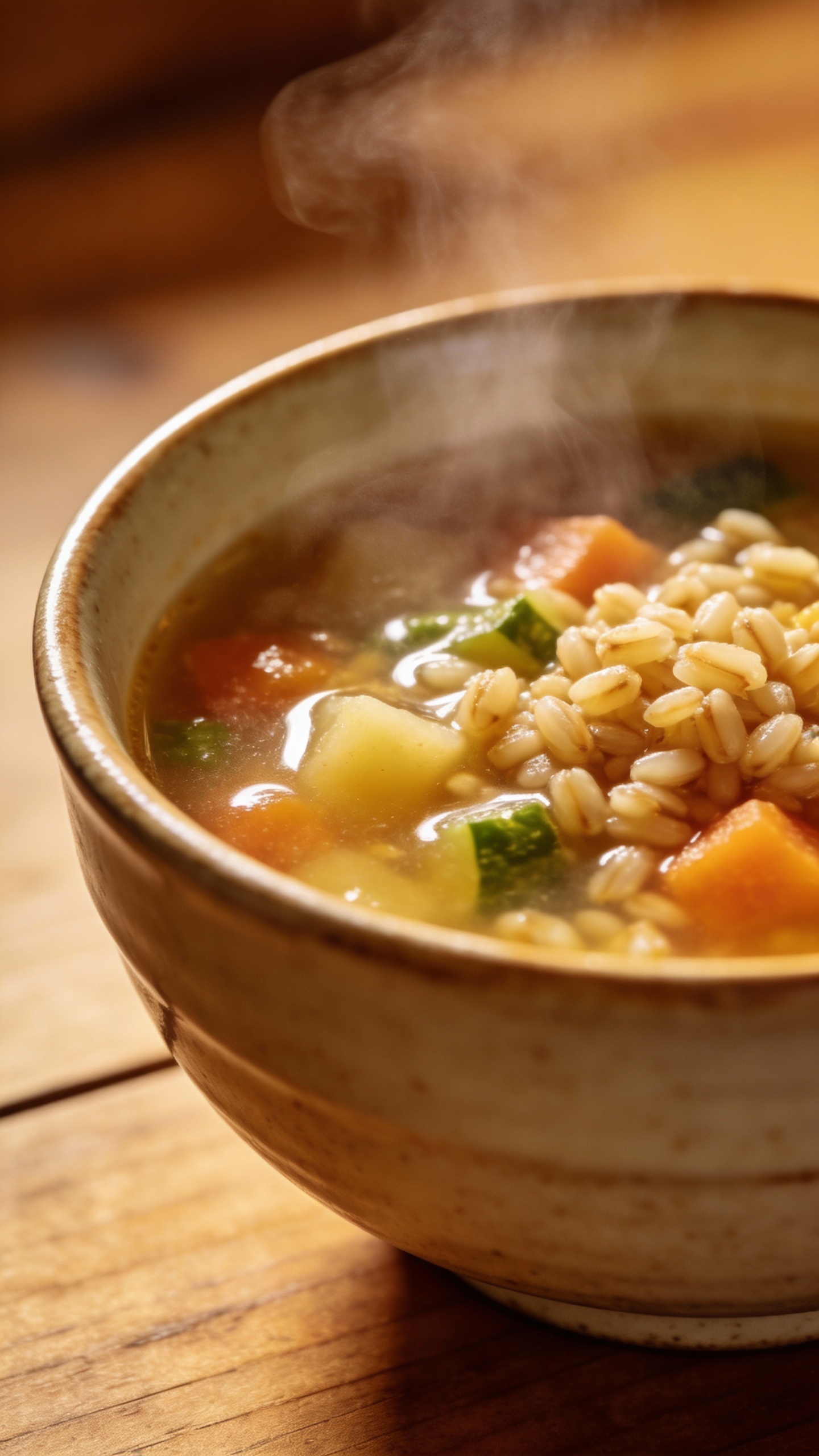 Vegetable barley soup in ceramic bowl, steam rising