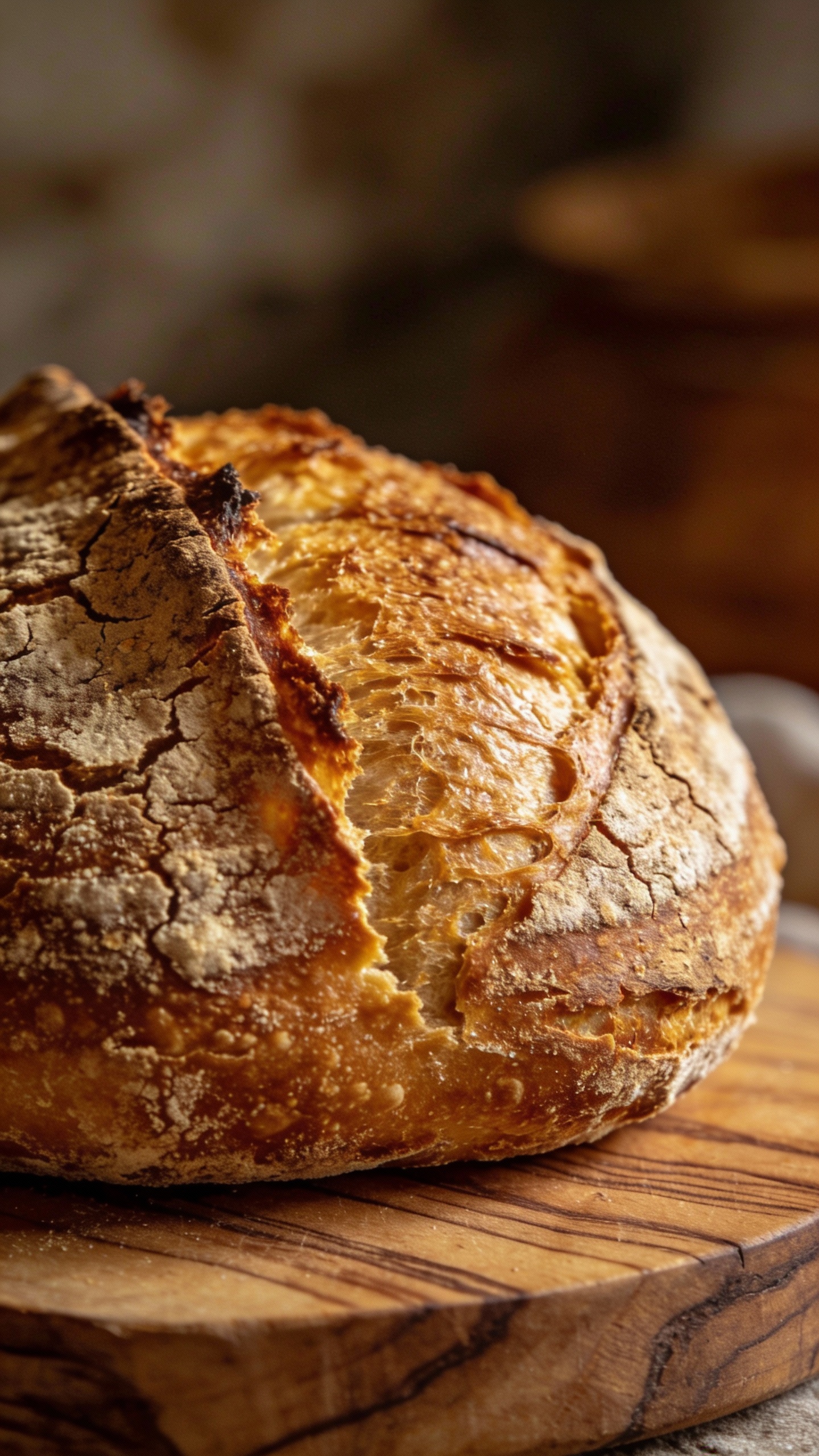 rustic Italian loaf with crackly crust on wooden board