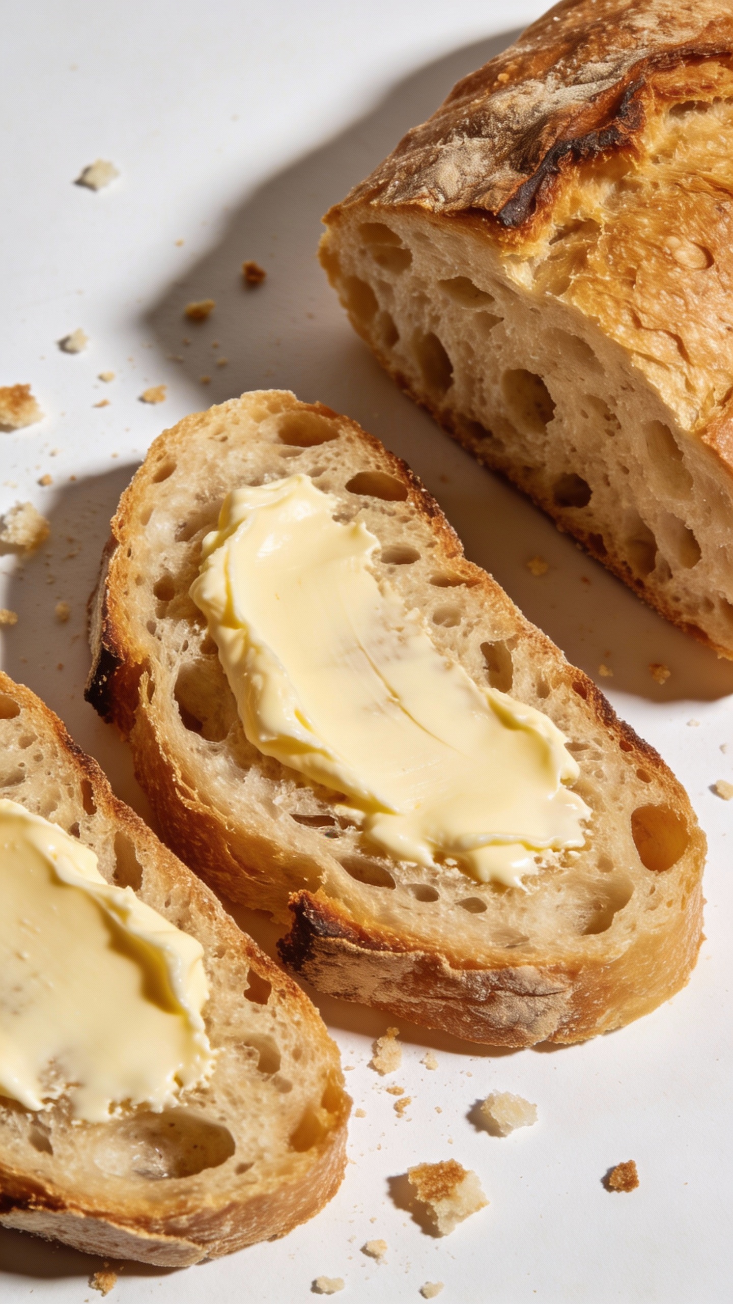 sliced airy-crumb Italian bread with butter and crumbs