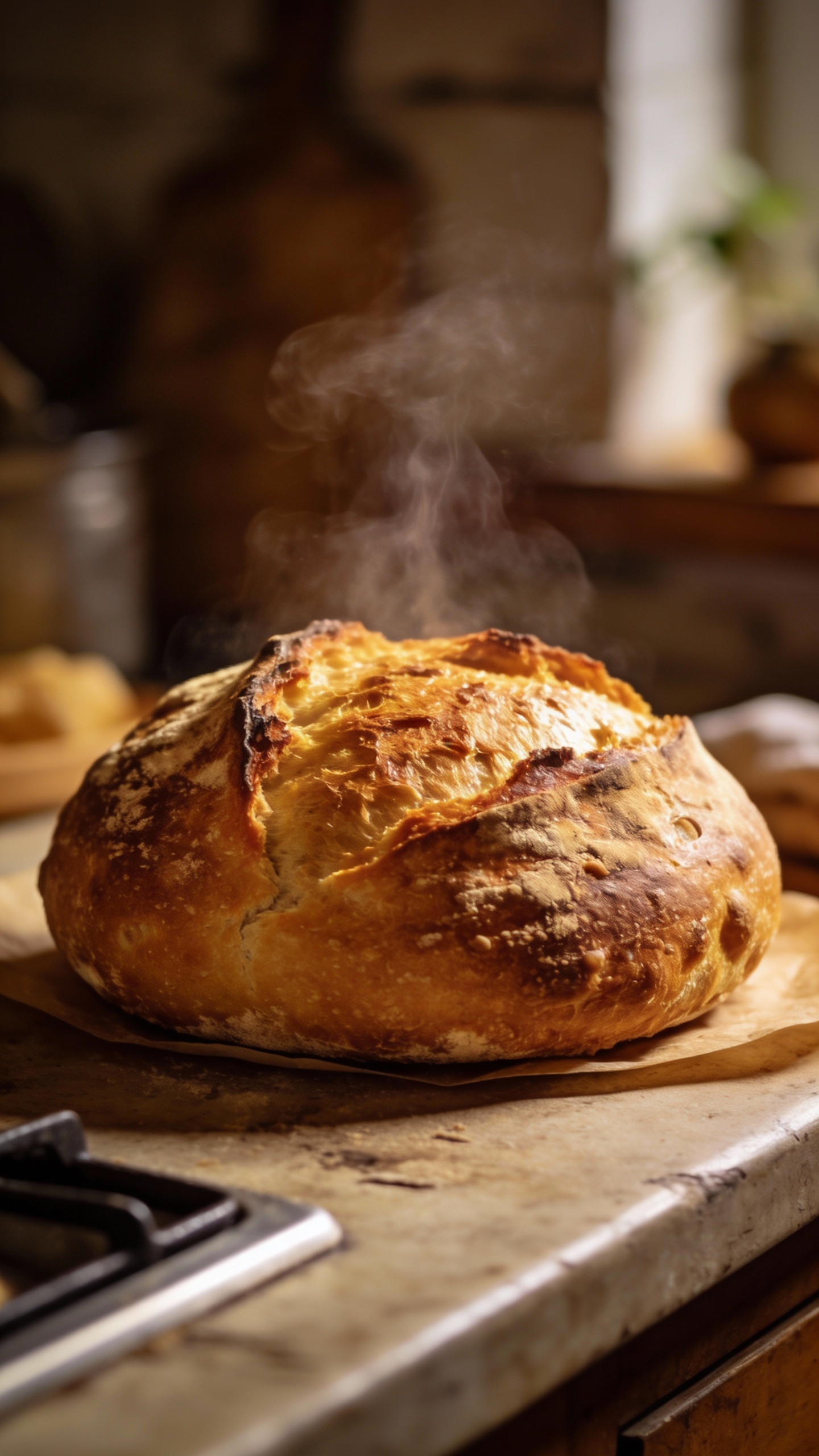 home-oven baked boule, blistered crust, steam rising