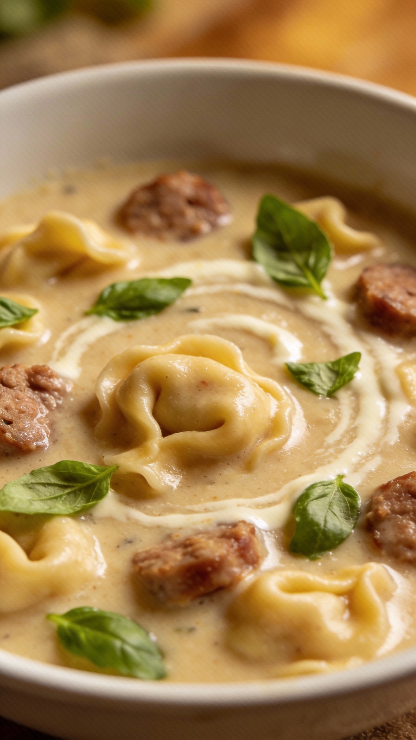 Creamy Italian sausage tortellini soup in white bowl