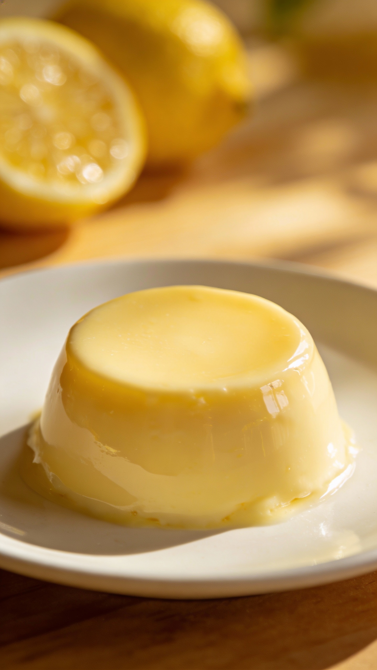 creamy lemon panna cotta on white plate, glossy surface
