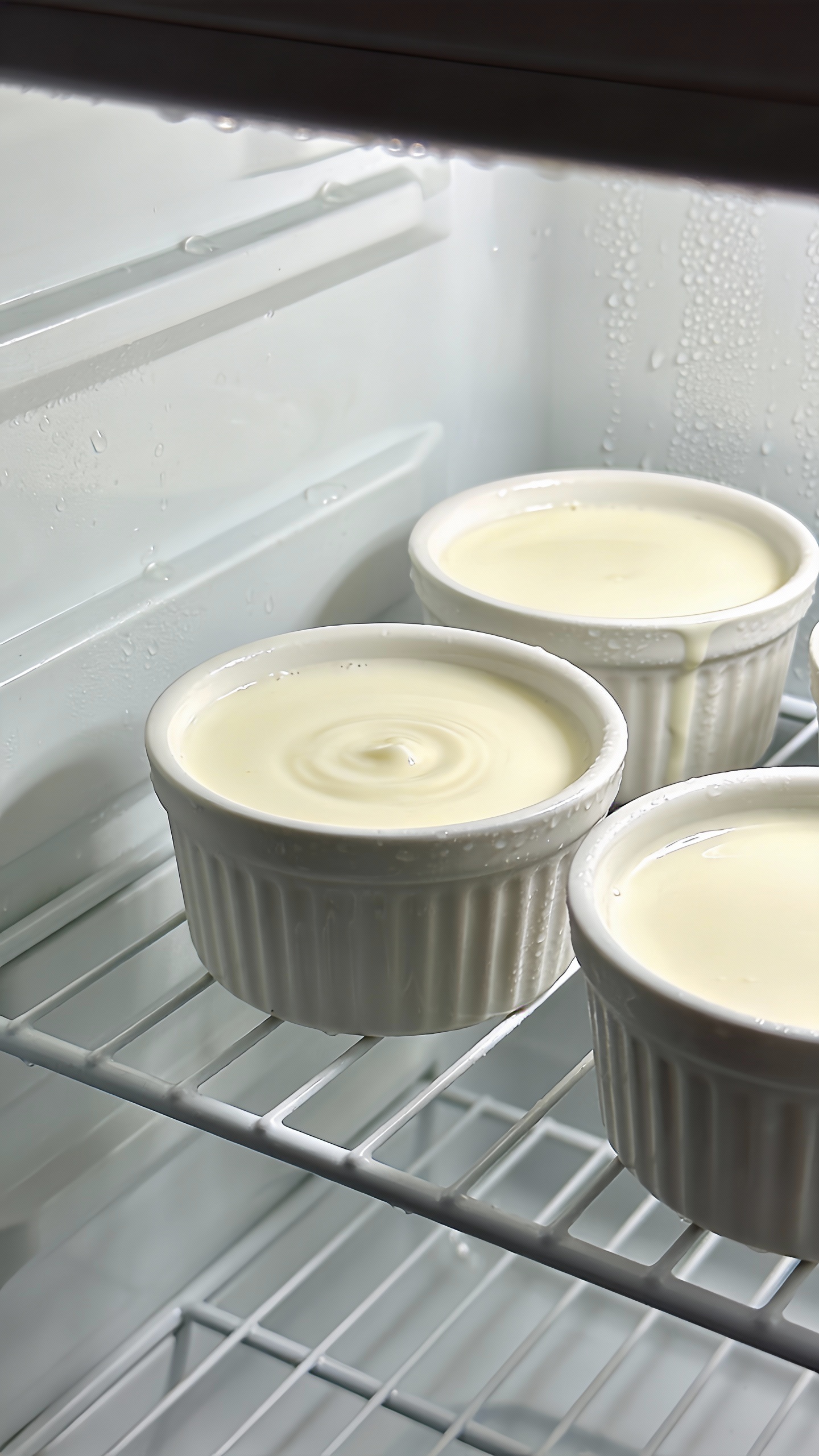 poured panna cotta mixture in ramekins, chilling in fridge