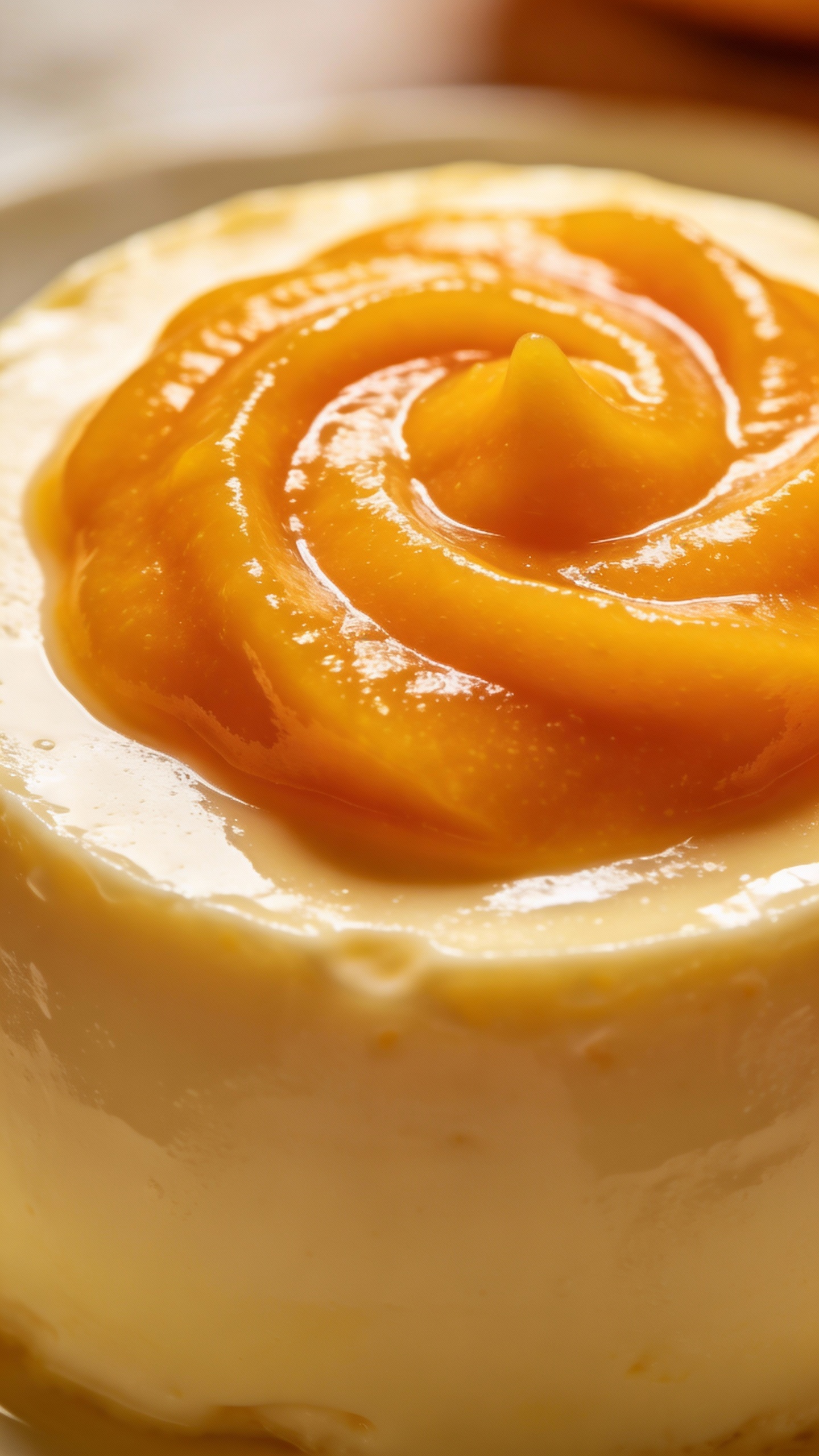 close-up mango puree swirl atop panna cotta