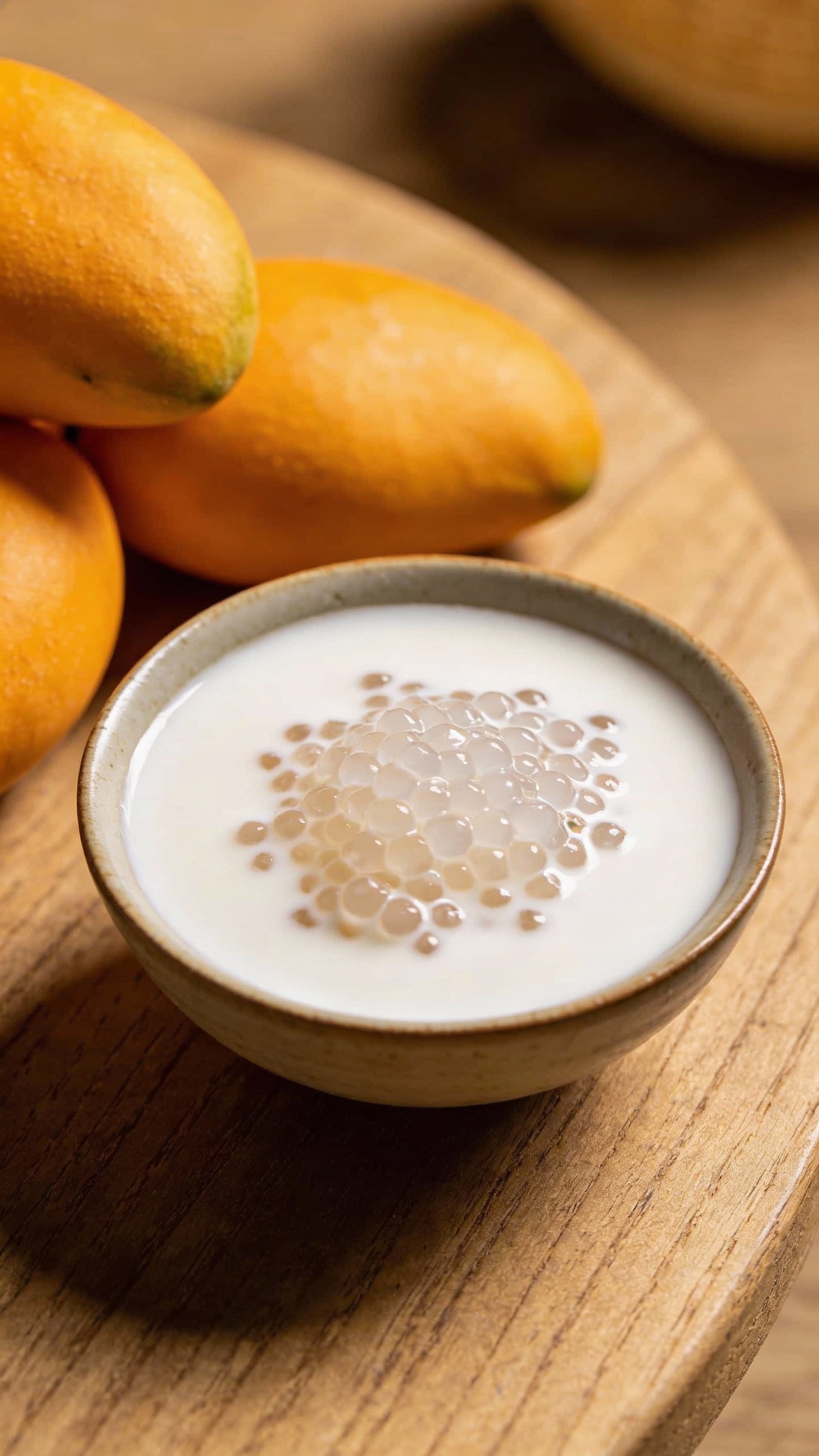 gelatin blooming in milk beside ripe mangoes