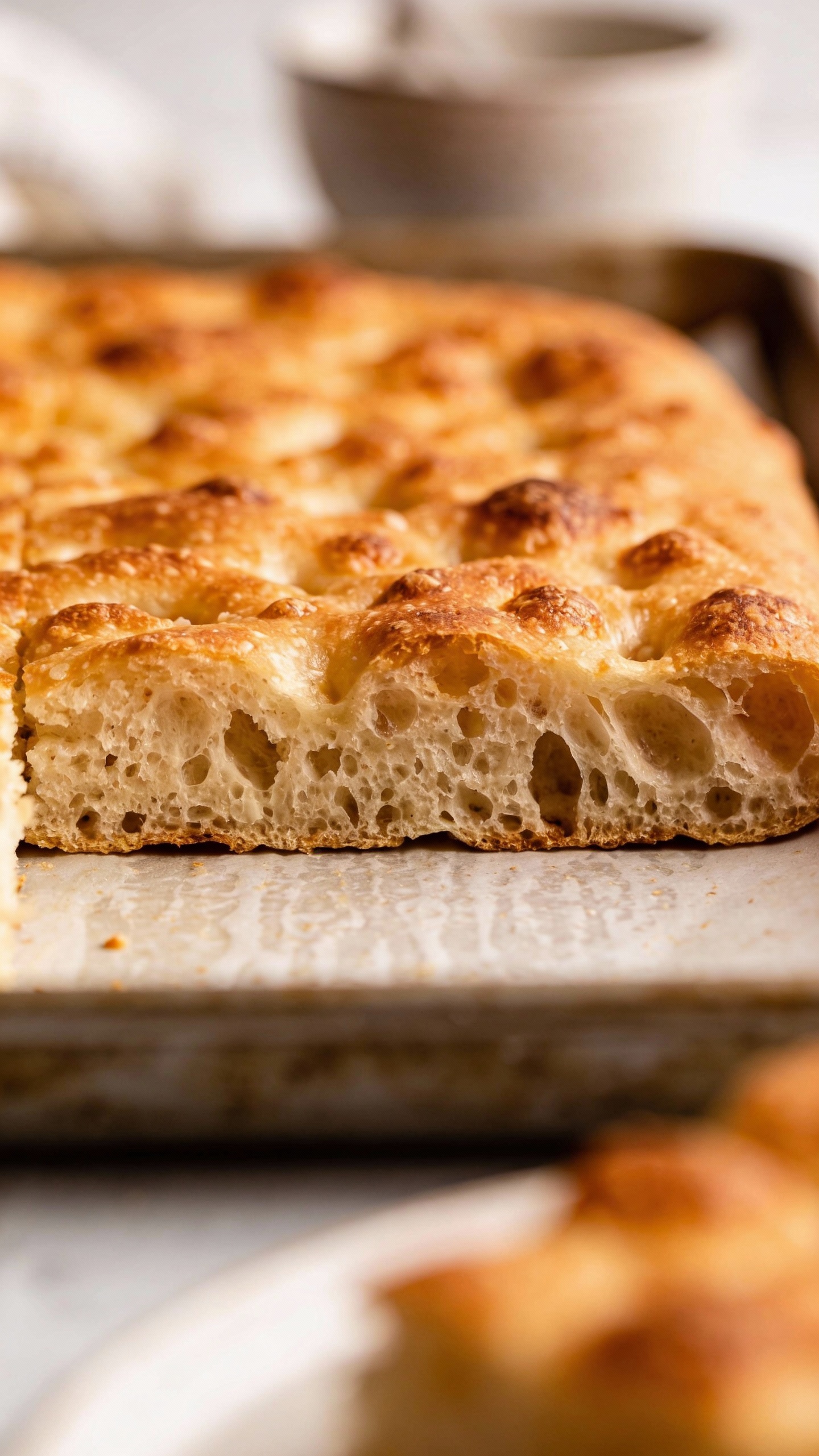 Sheet pan focaccia pizza, golden bottom, airy crumb