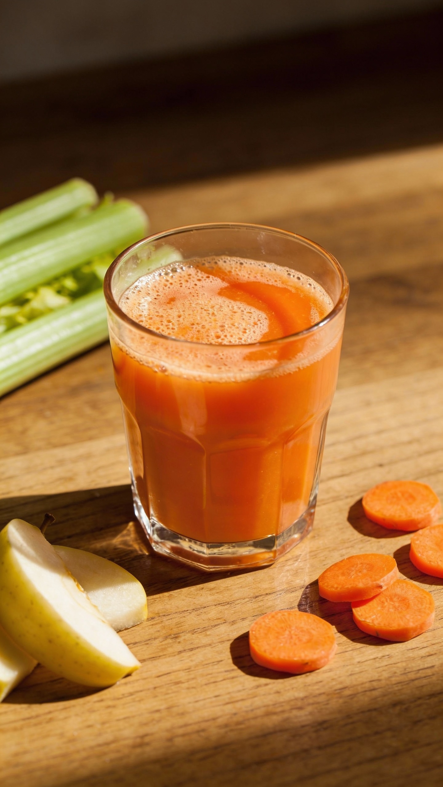 Carrot apple celery juice in clear glass, natural light