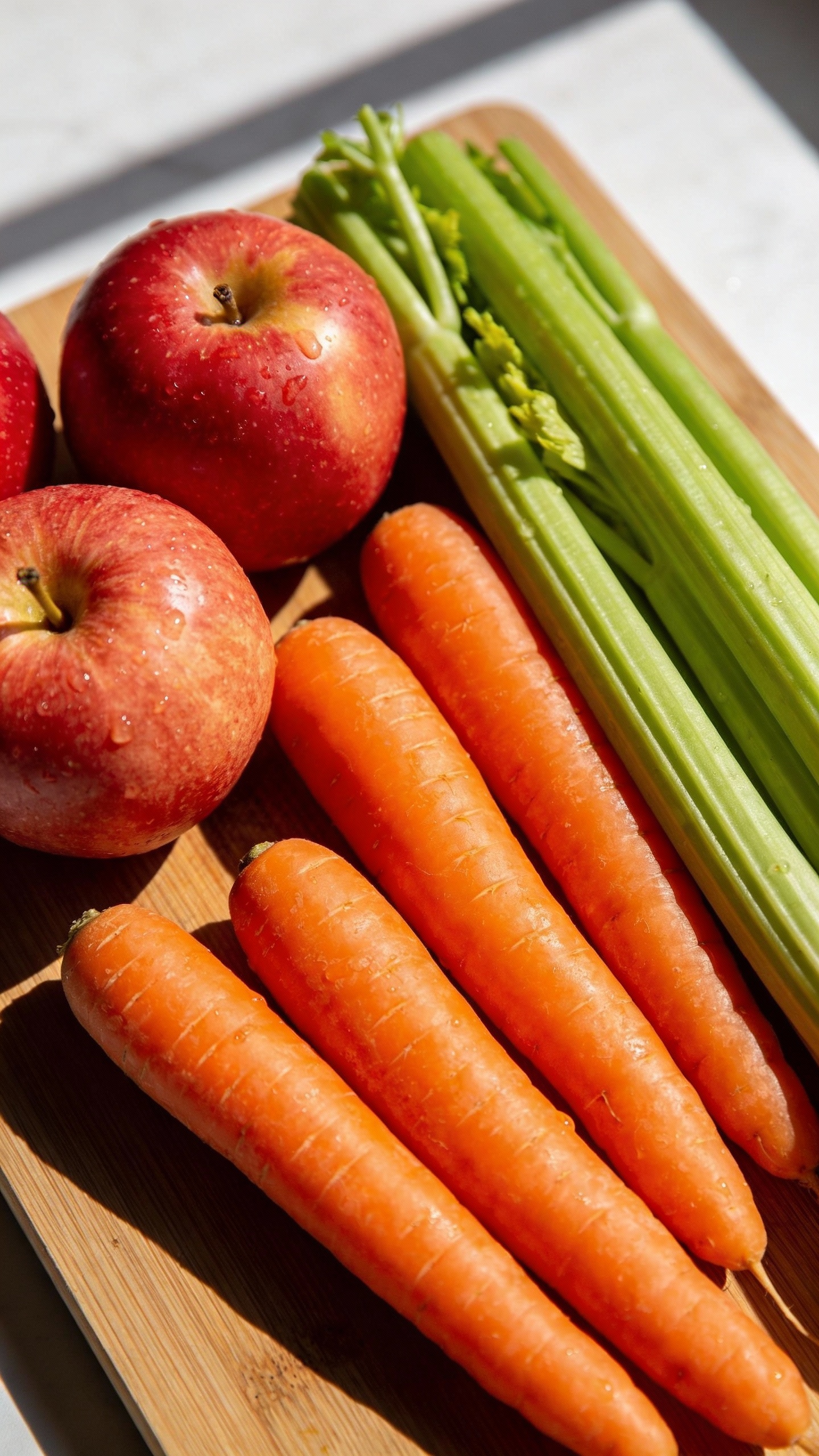 Fresh carrots, apples, celery on cutting board, overhead