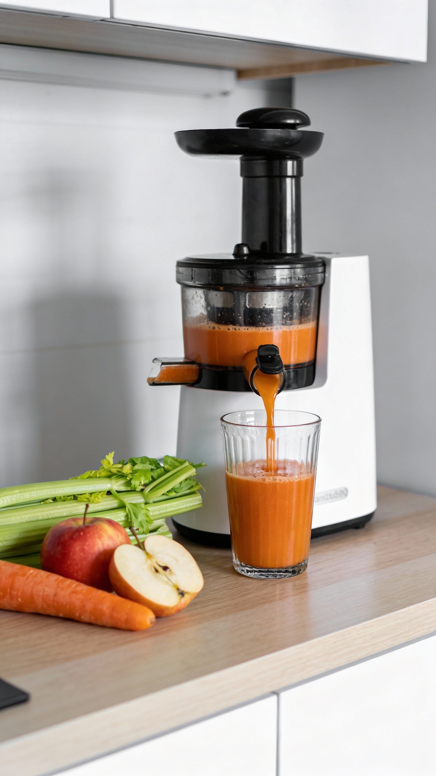 Juicer pouring carrot-apple-celery juice, minimal kitchen counter