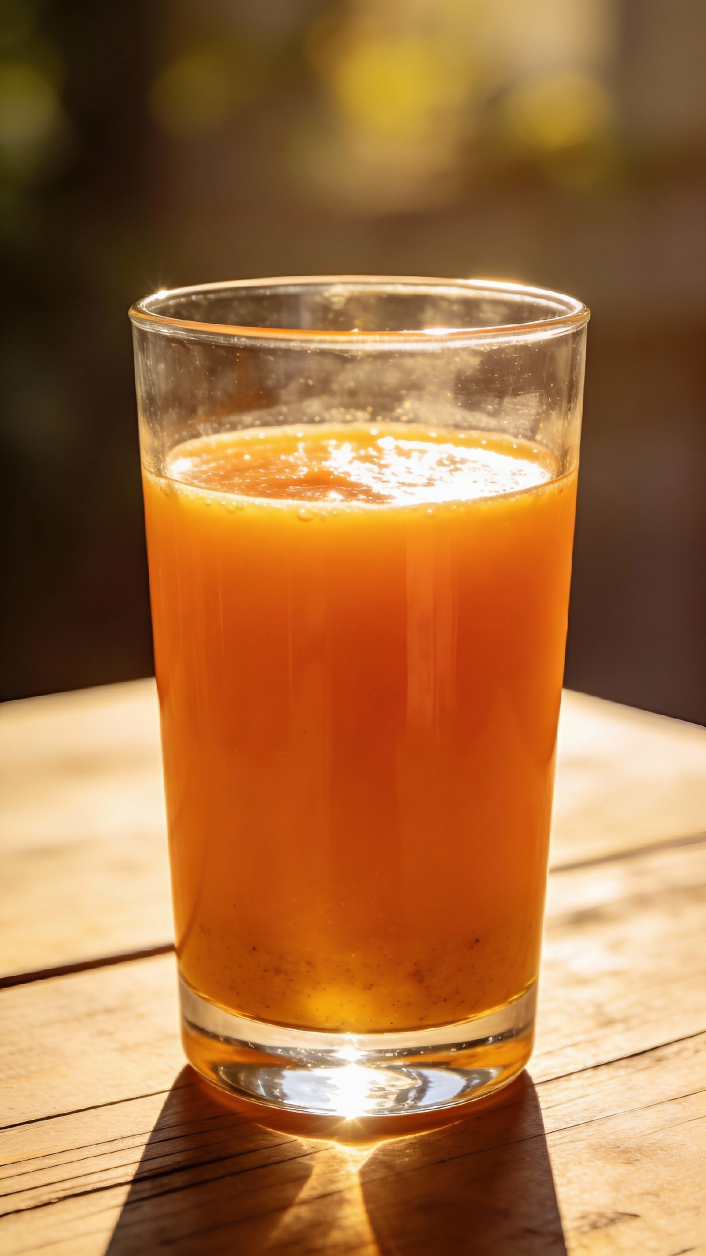 Carrot ginger turmeric juice in clear glass, sunlight backdrop