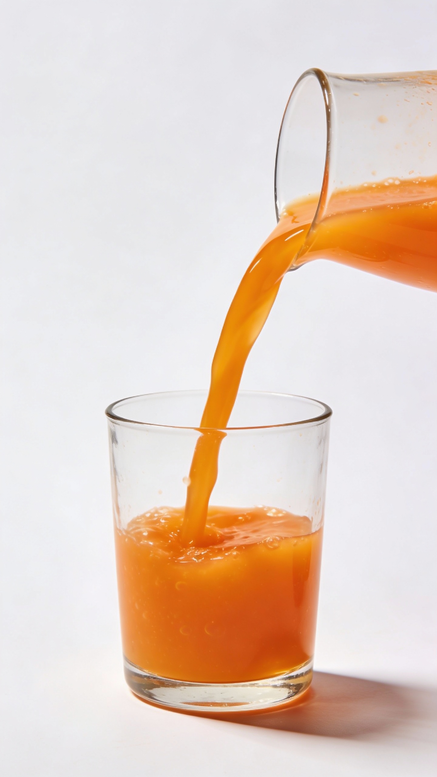 Pouring bright orange juice into glass, minimal white background