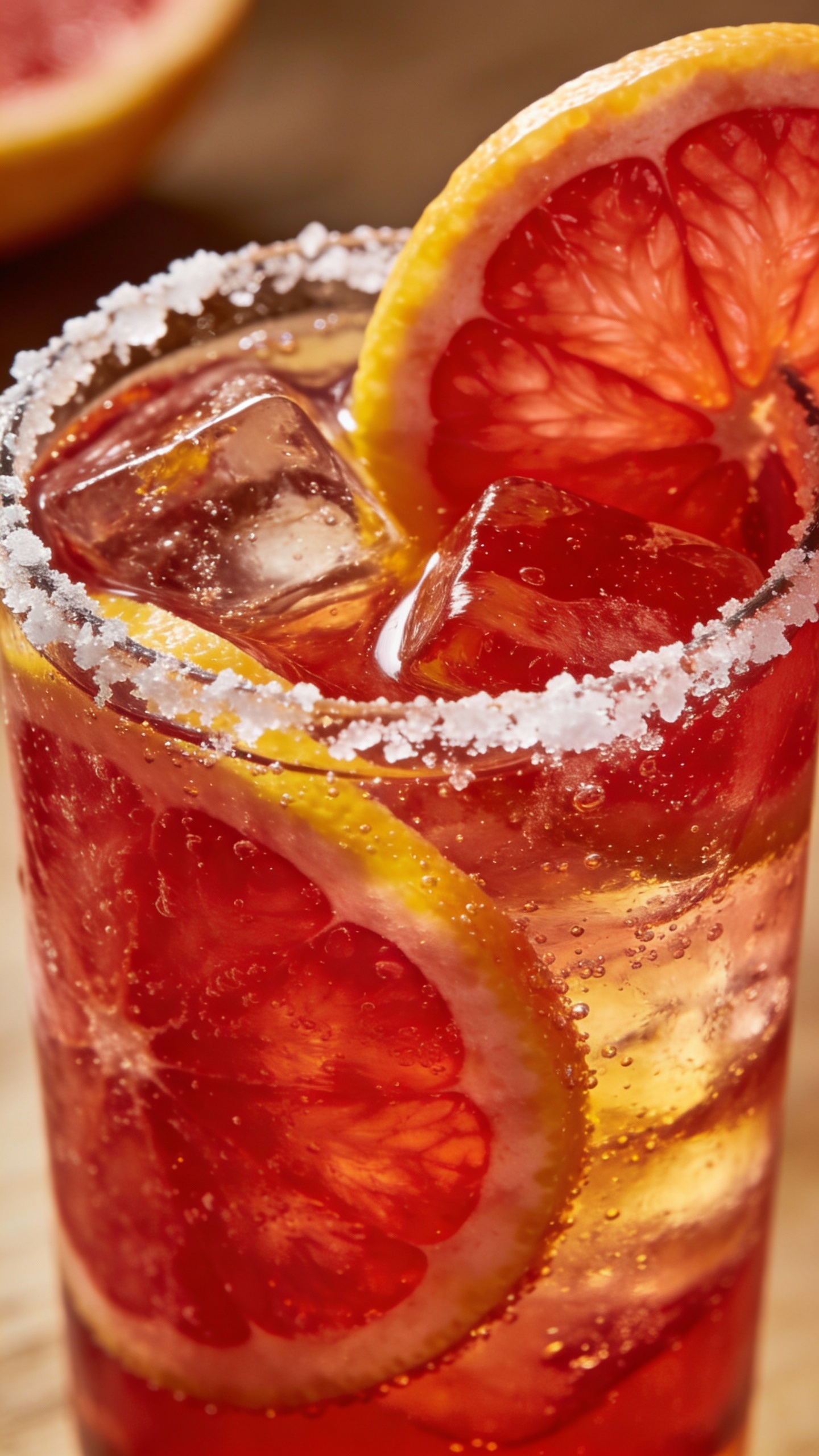 Ruby Red grapefruit spritz in highball, salted rim