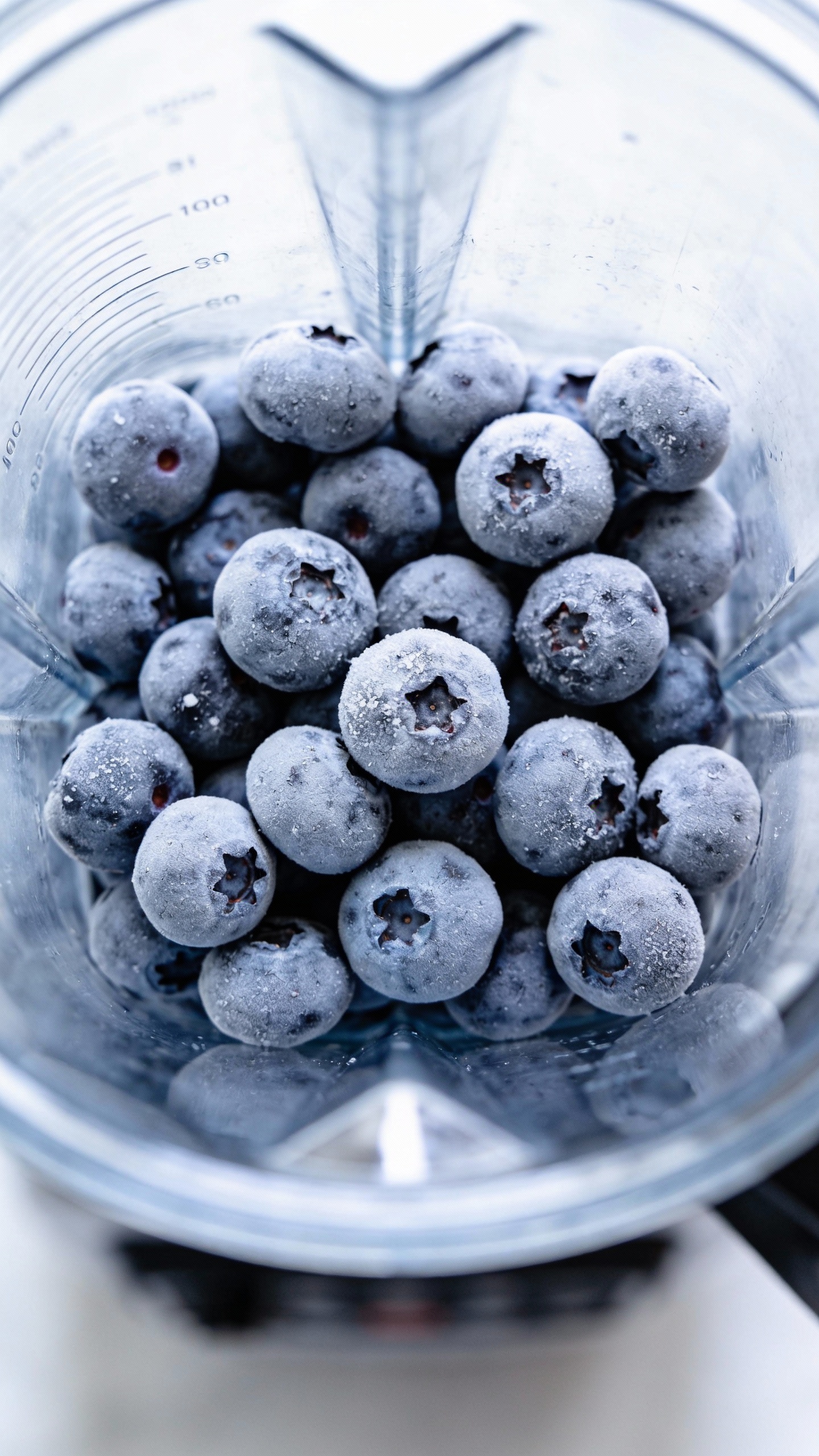 Frozen blueberries in blender jar, overhead, minimal styling