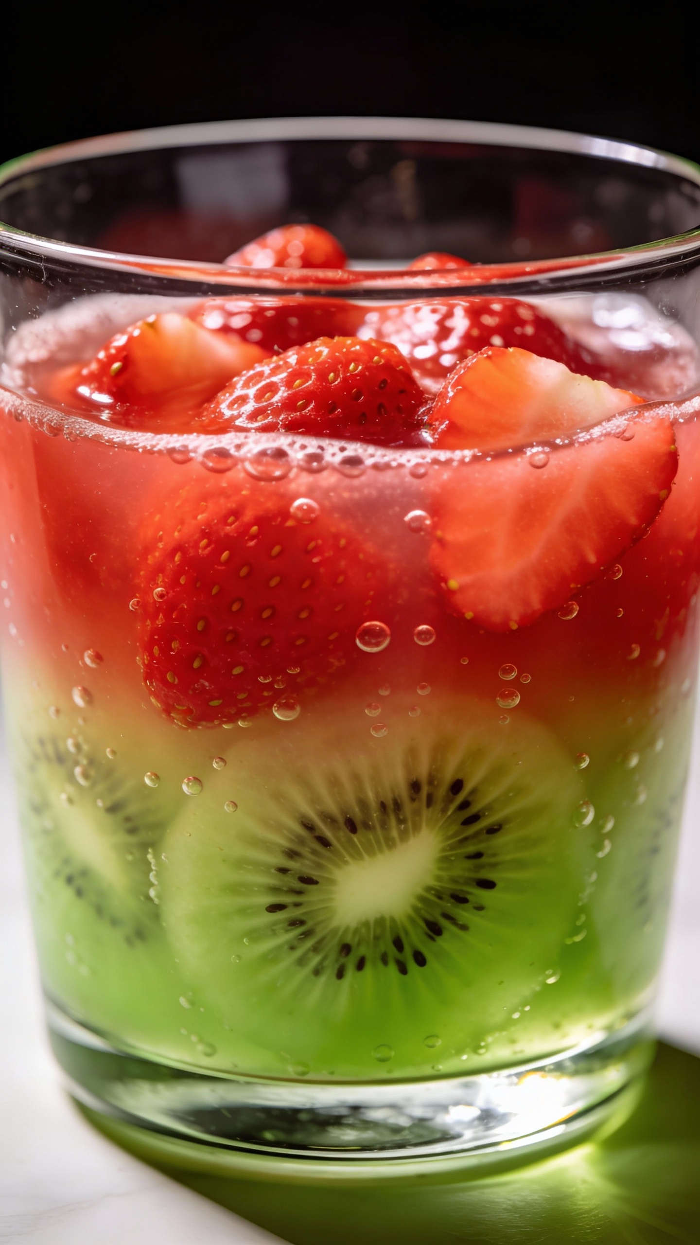 Fresh strawberry kiwi juice in clear glass, studio lighting