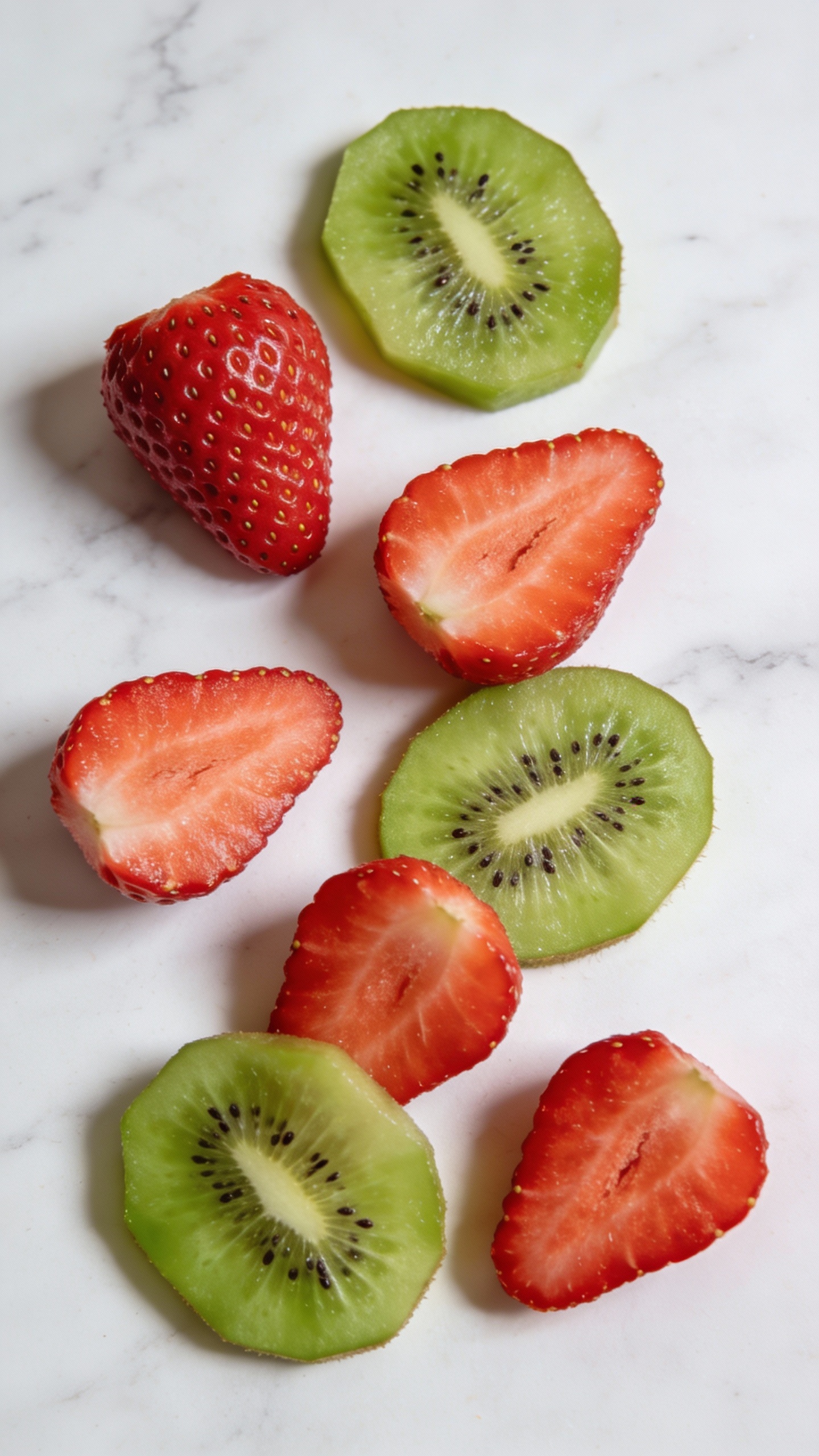 Sliced strawberries and kiwis on white marble, overhead