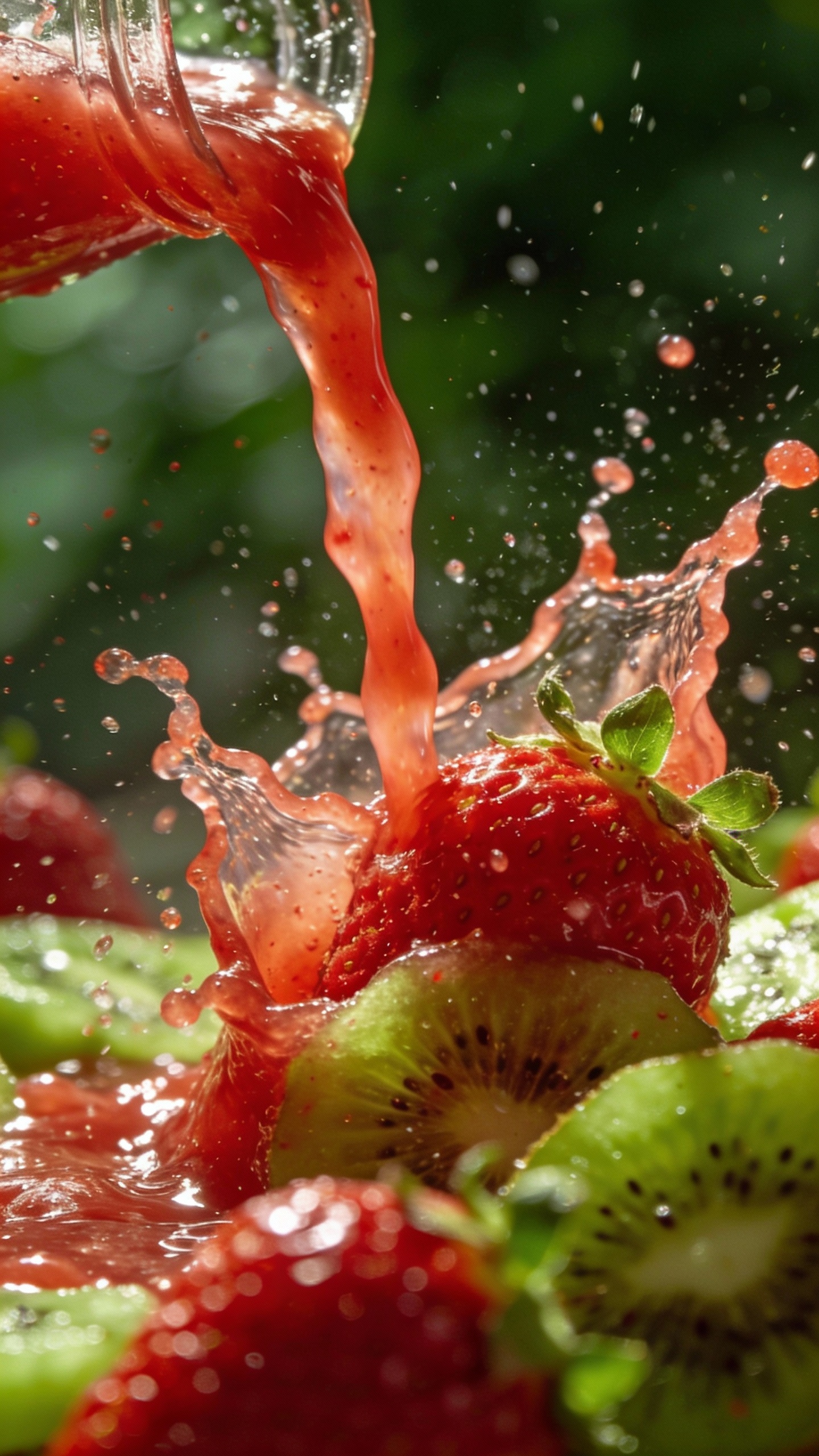 Pouring strawberry kiwi juice, splash shot, high-speed photography