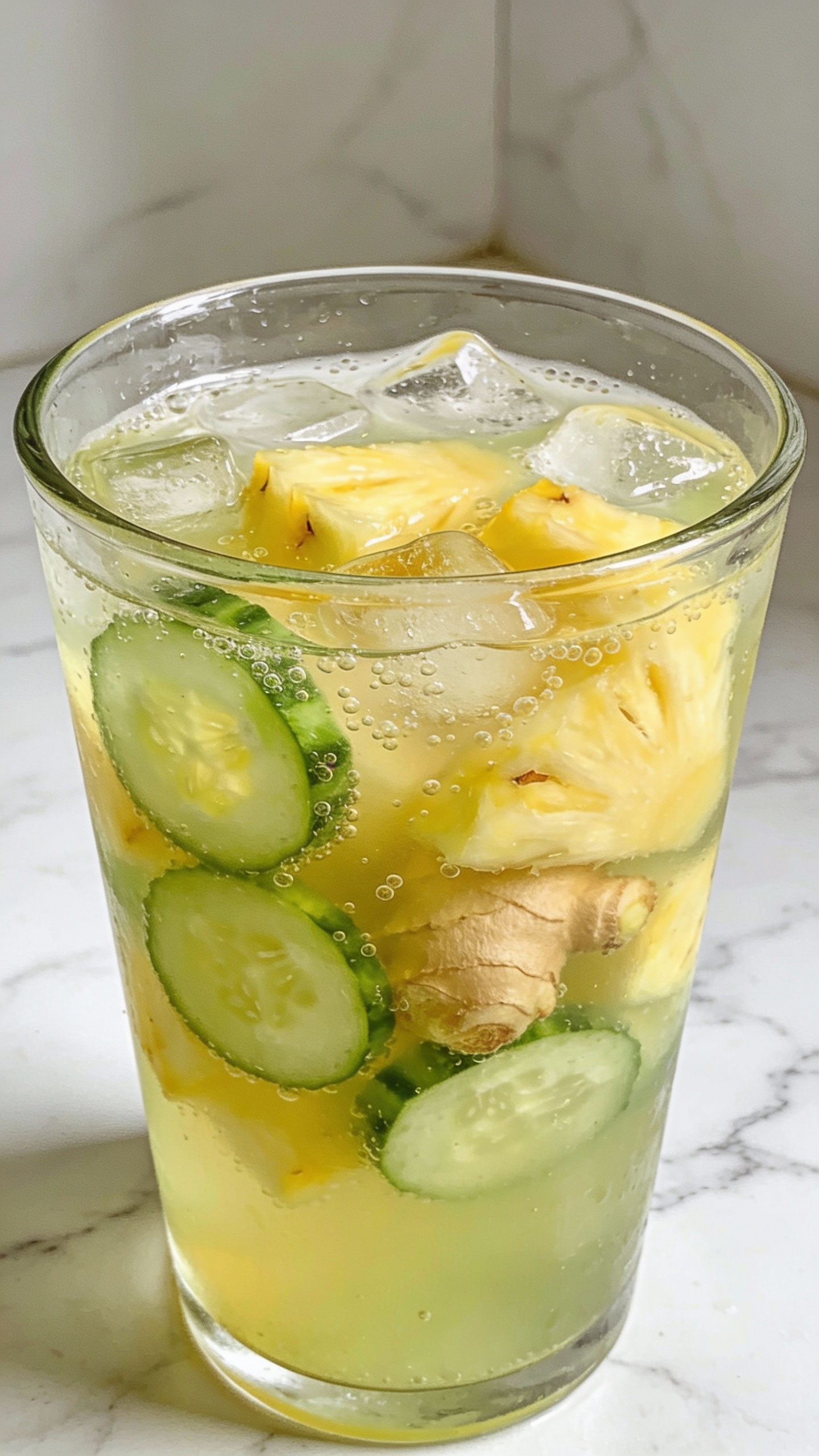 Pineapple cucumber ginger lemon juice in clear glass