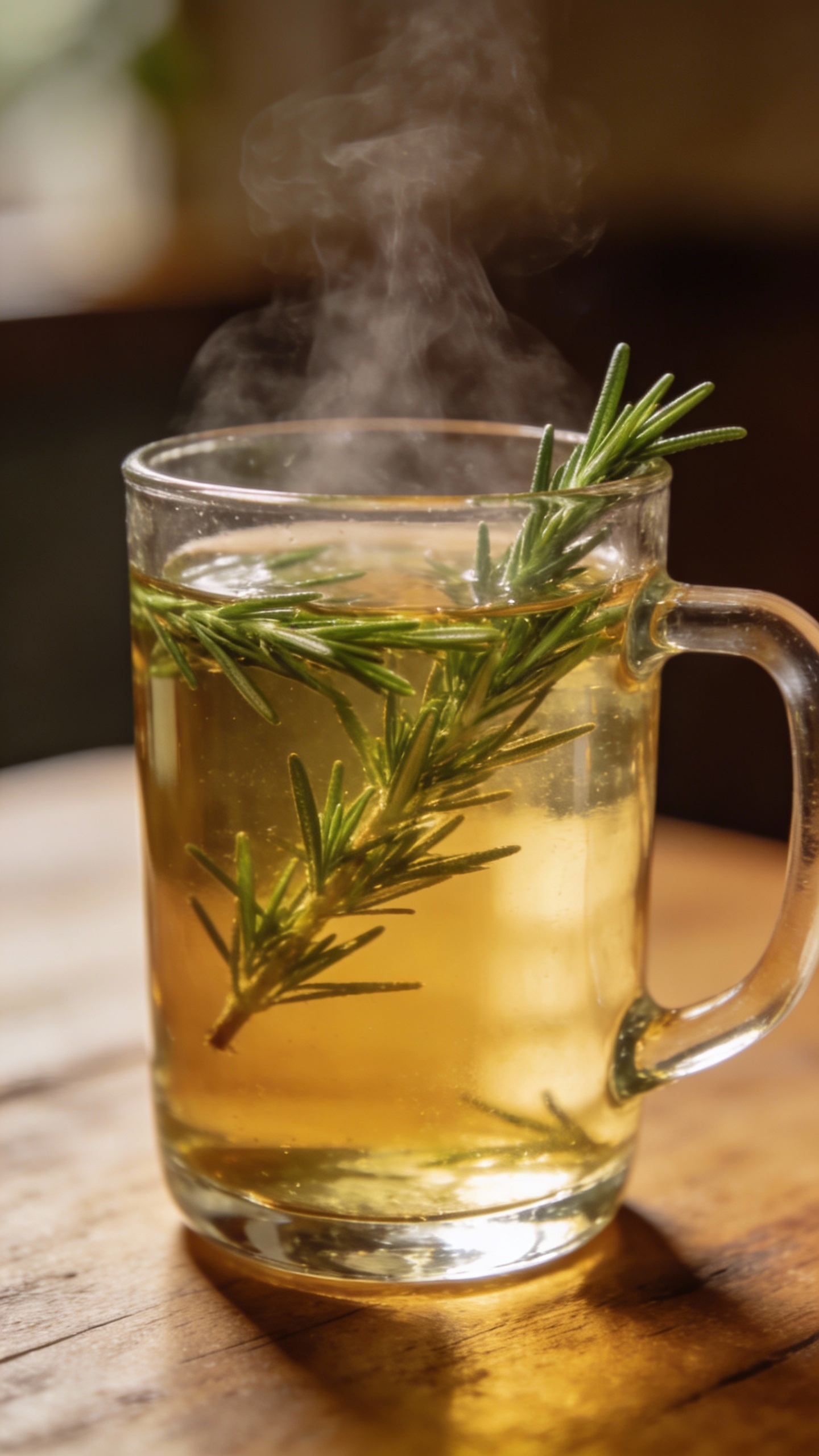 steaming rosemary tea in clear glass mug