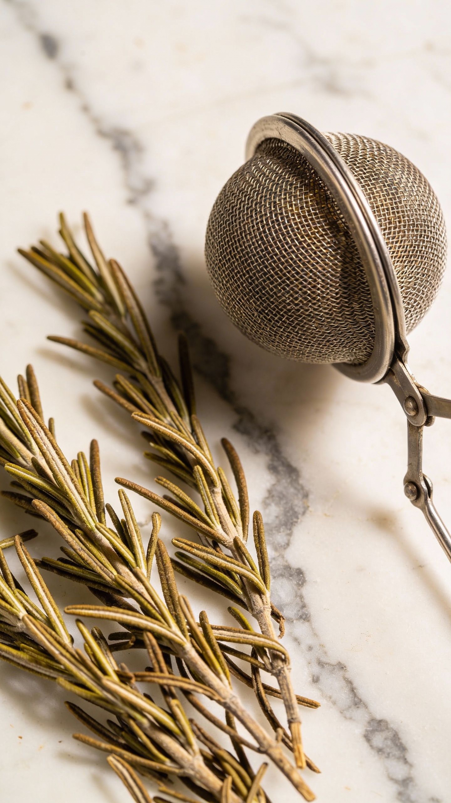 dried rosemary and tea infuser on marble