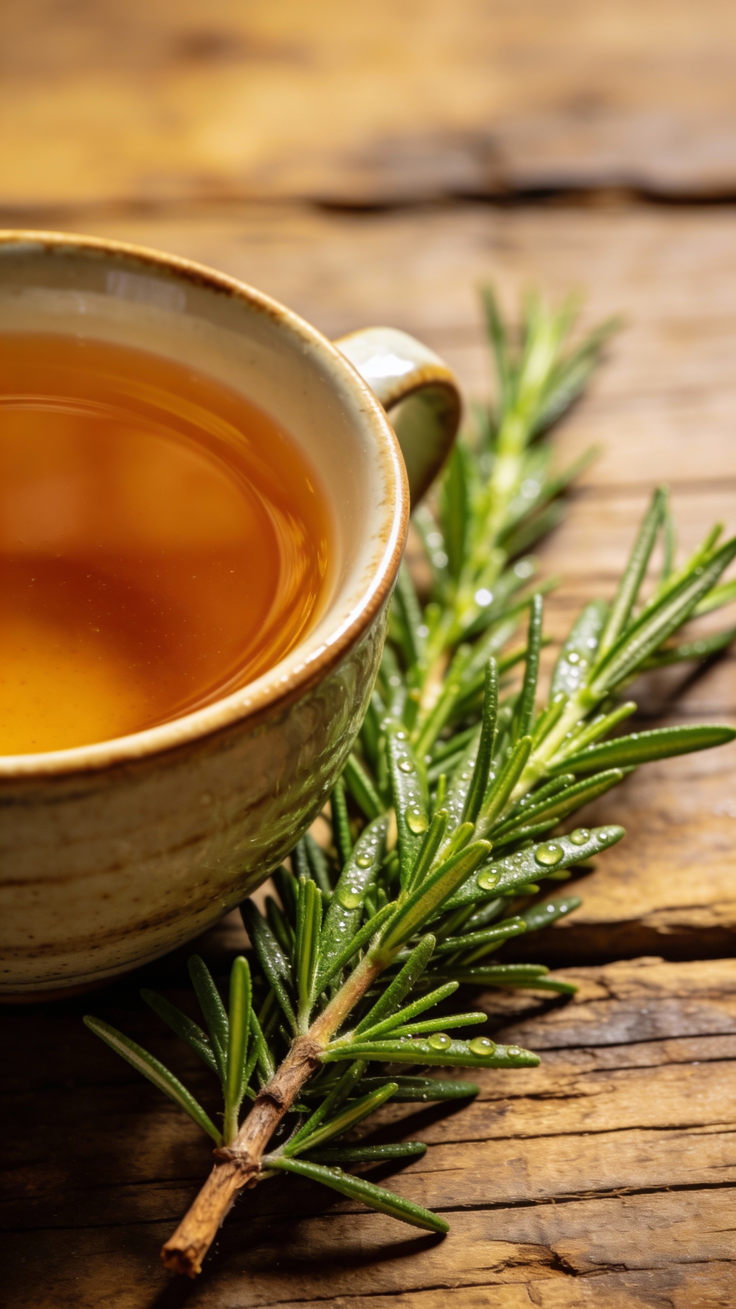 fresh rosemary sprigs beside brewed tea on wood tabletop