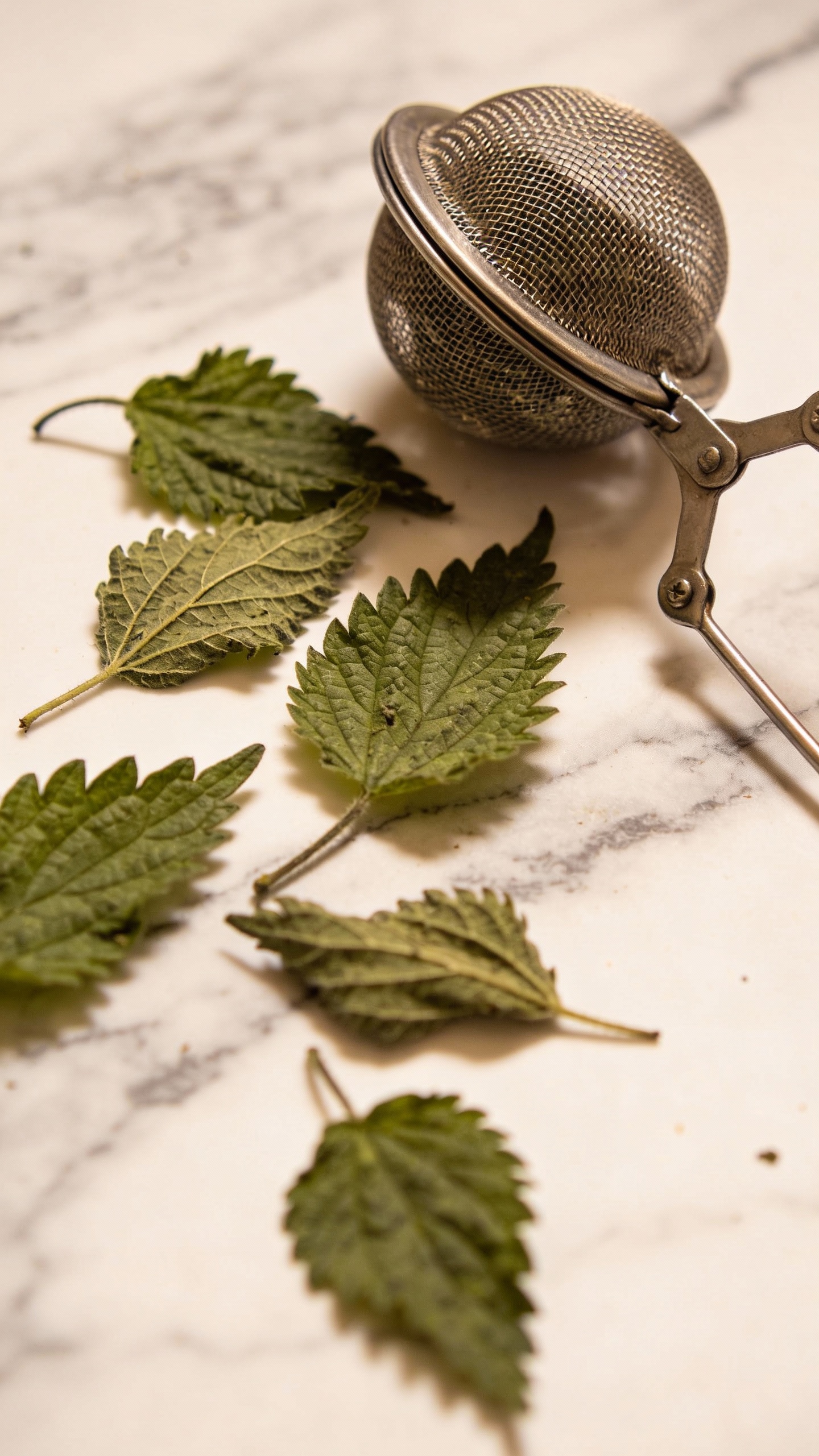 dried nettle leaves and tea infuser on marble