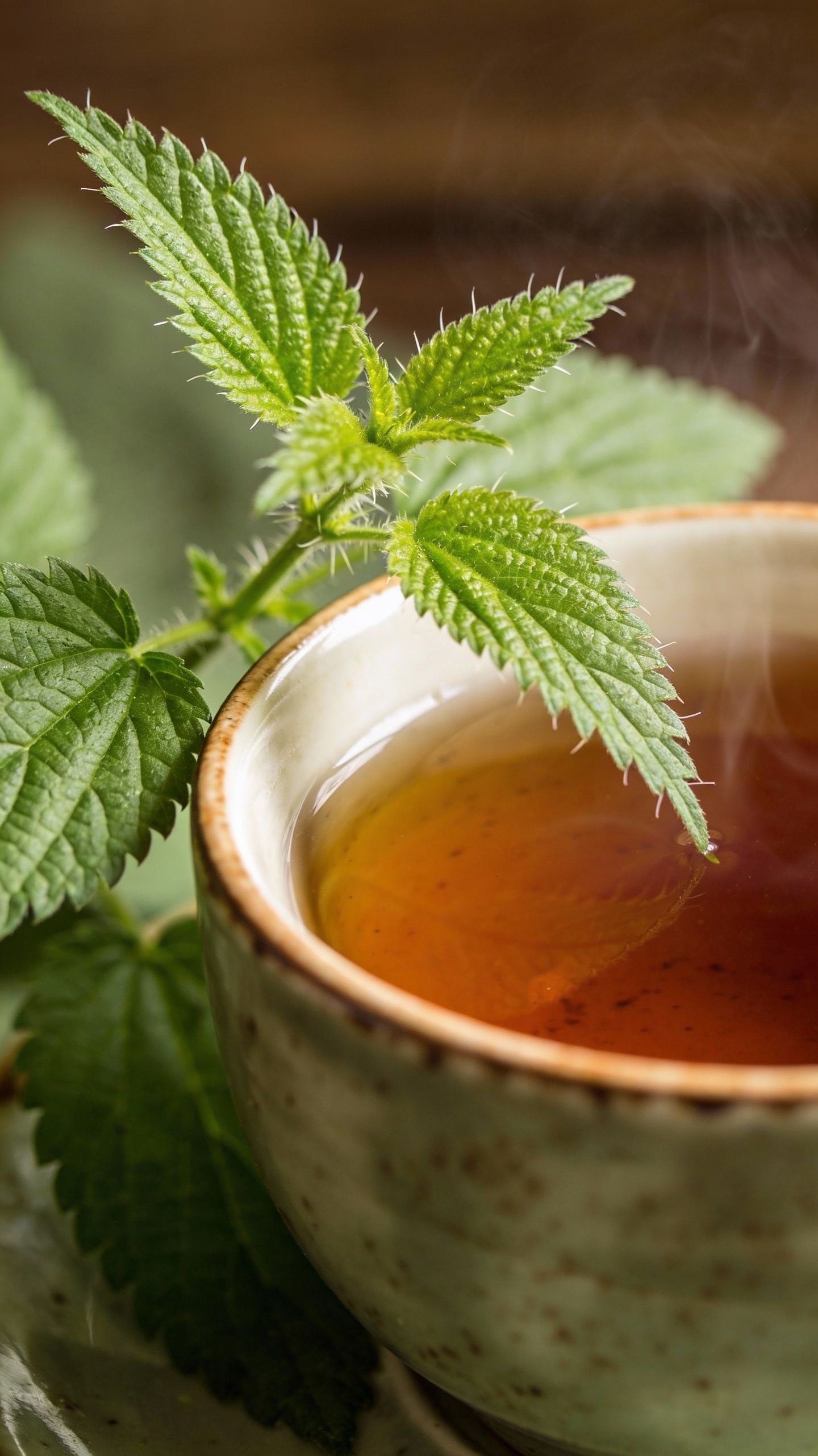 fresh stinging nettle sprig beside brewed tea cup