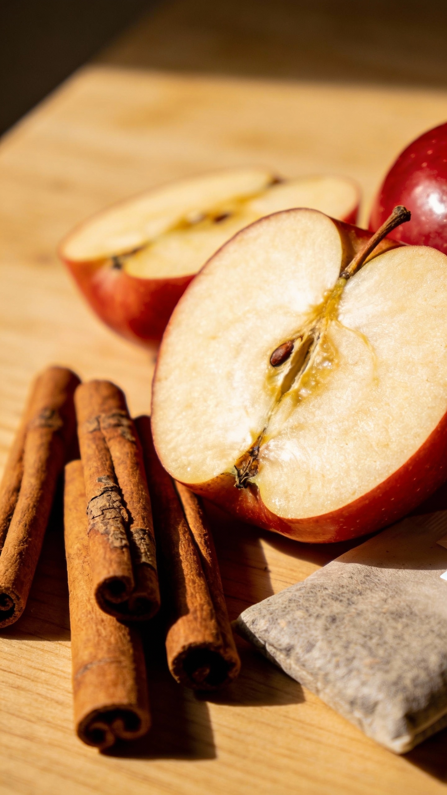 sliced apples and cinnamon sticks beside tea sachet
