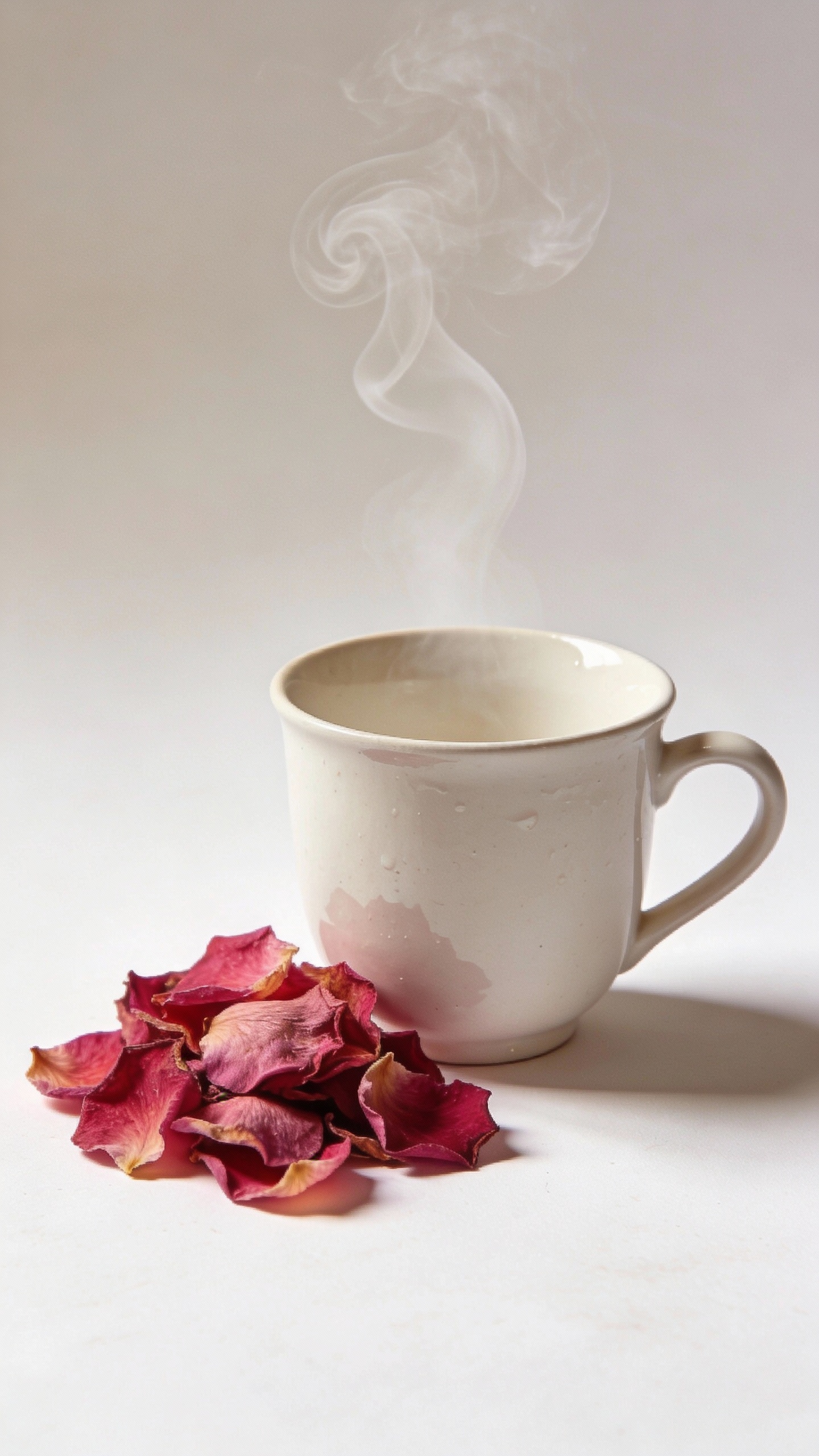 dried edible rose petals beside steaming teacup, minimal setup