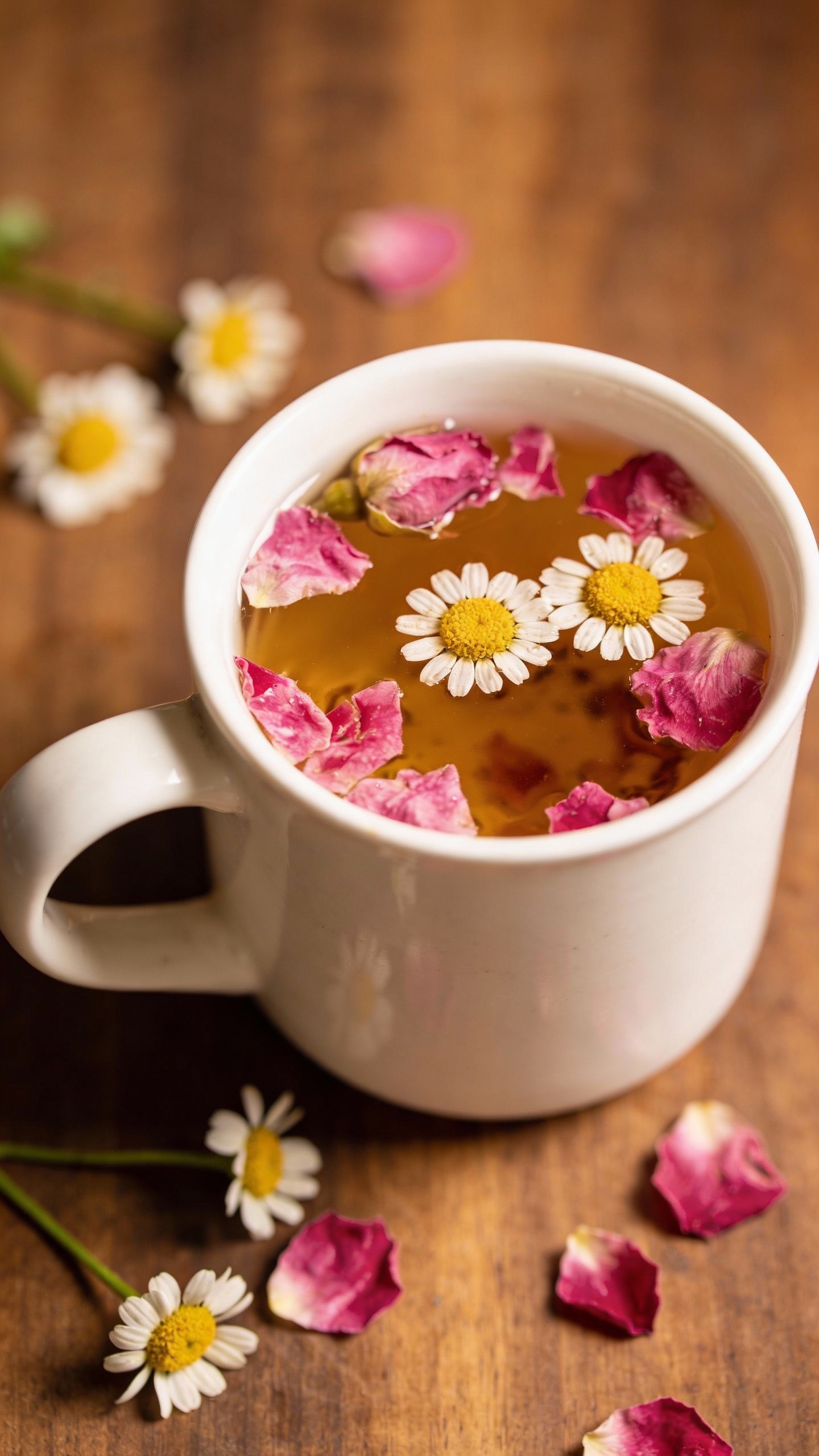 rose petal tea with chamomile blend, top-down shot