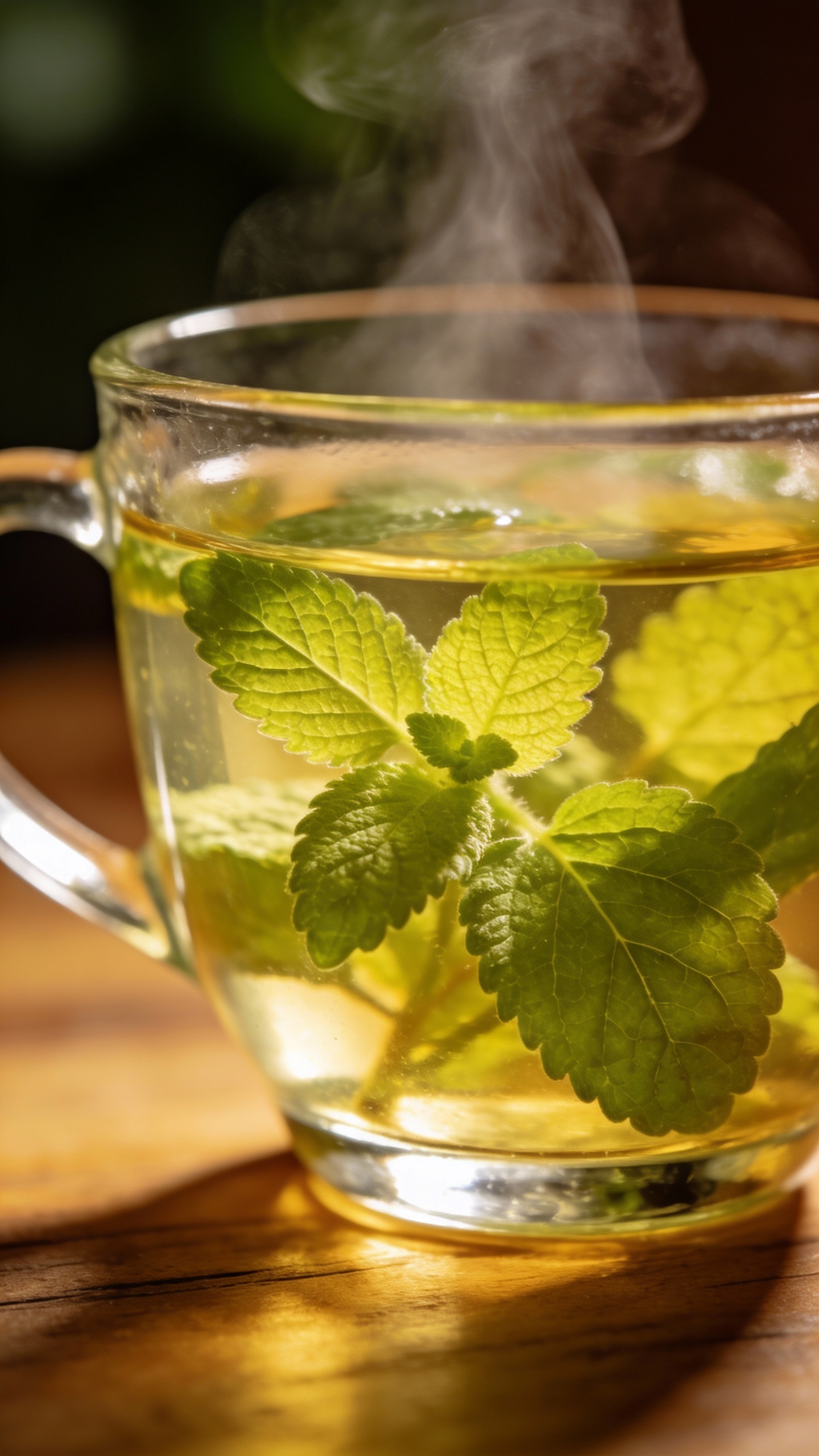 Fresh lemon balm leaves in glass teacup, steam rising