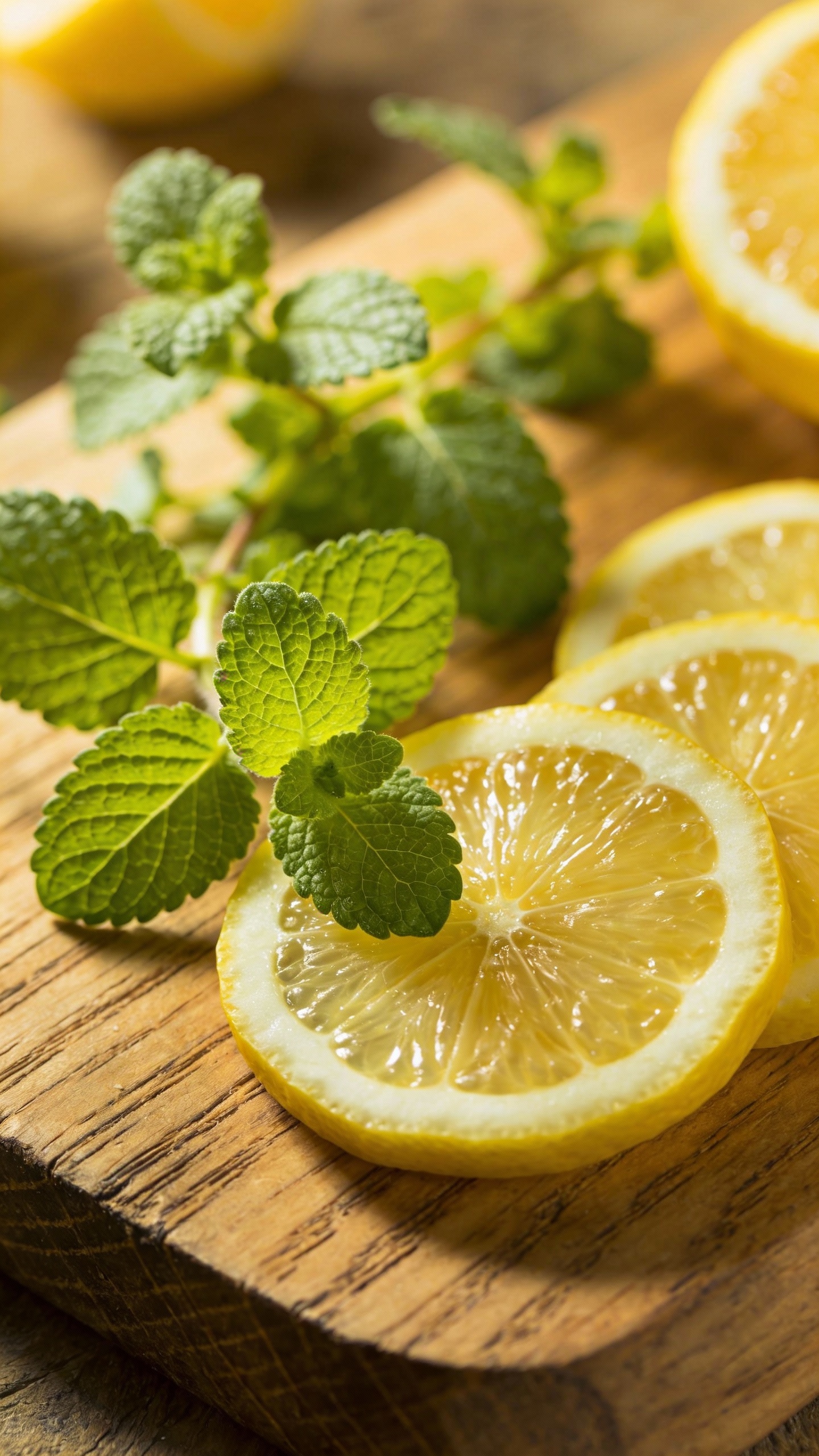 Lemon balm sprigs and sliced lemon on wooden board