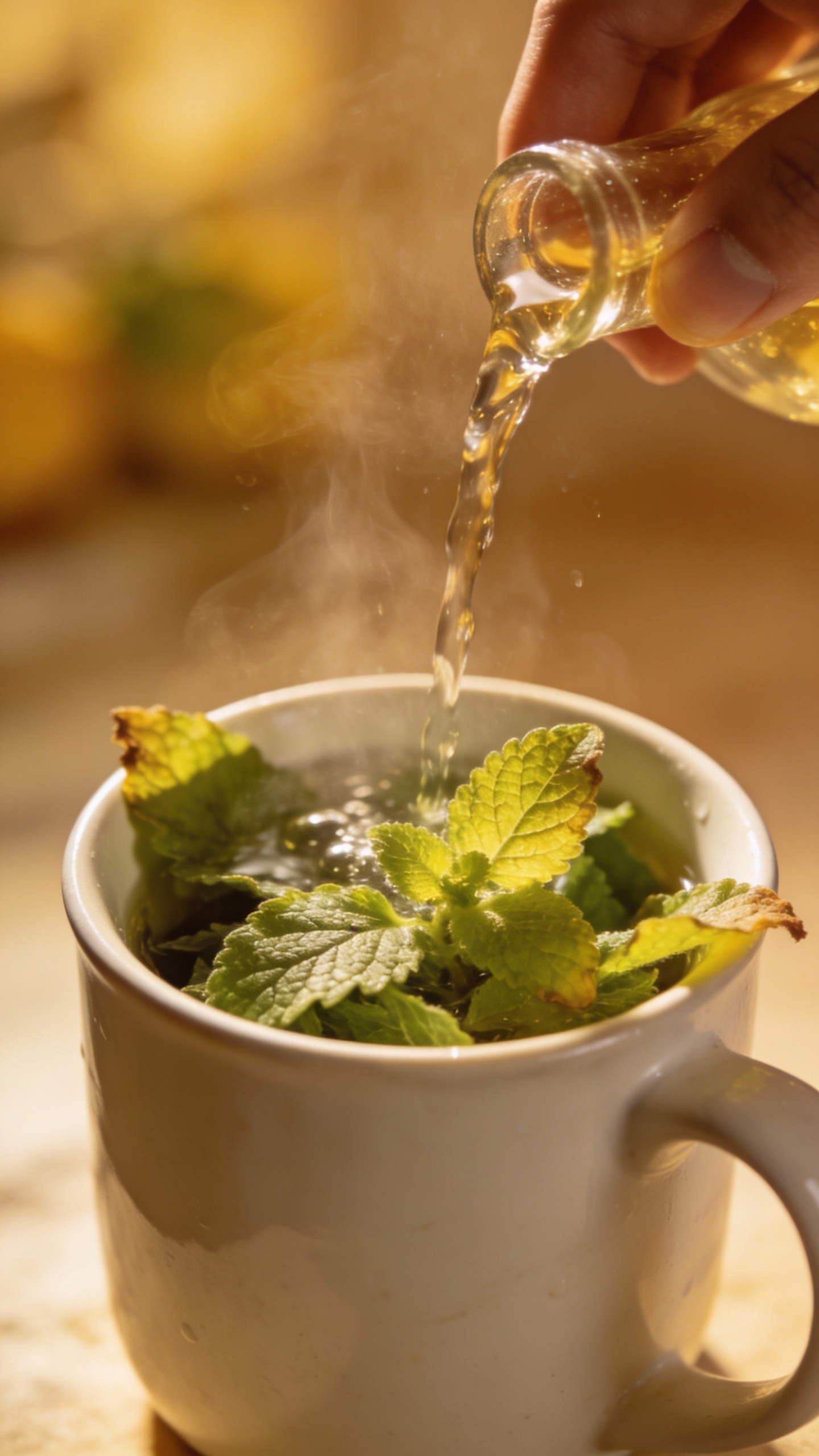 Hand pouring hot water over lemon balm in mug