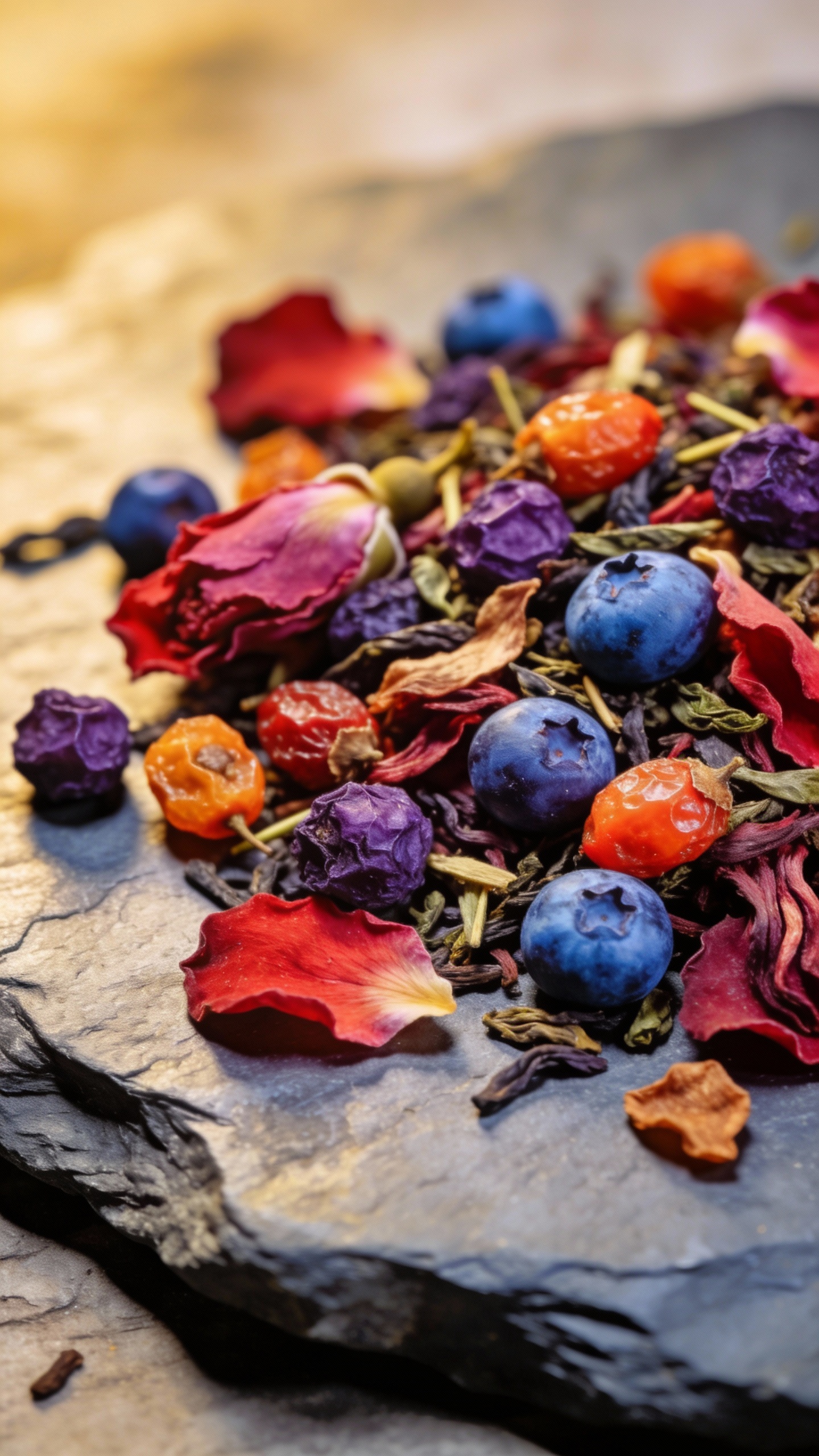 loose blueberry tea blend with hibiscus and rosehips on slate