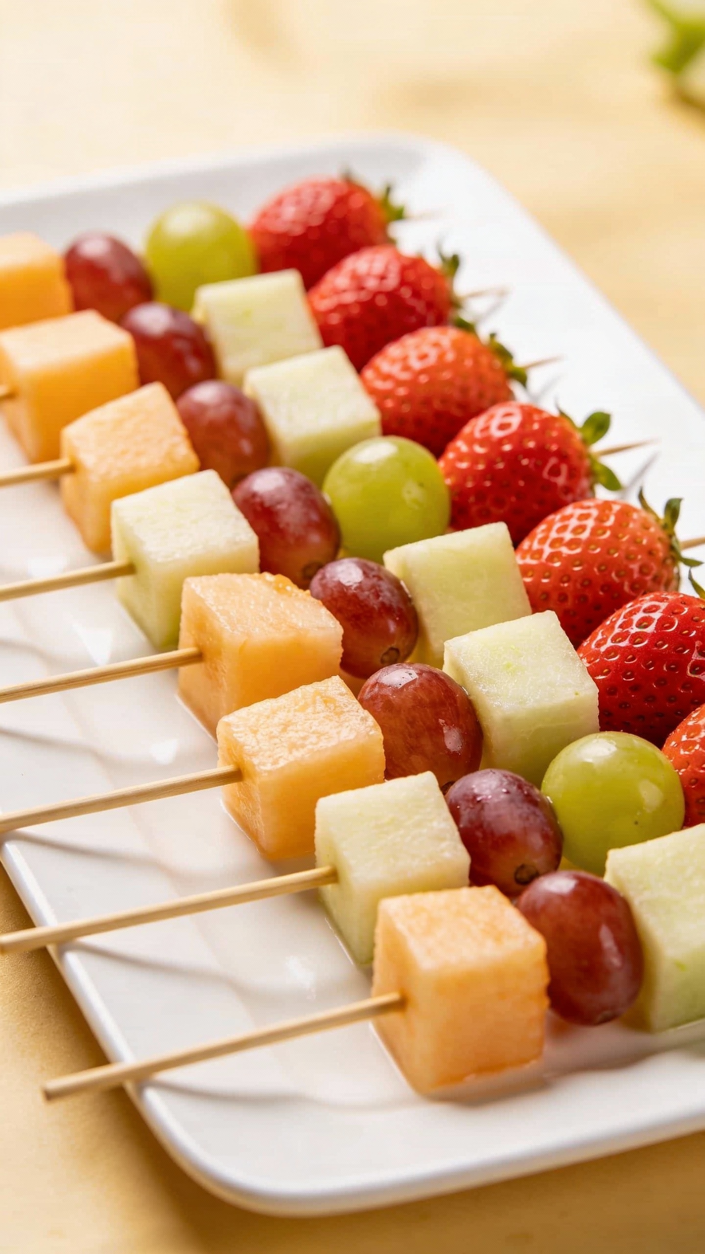 fruit and cheese skewers on white platter, natural light